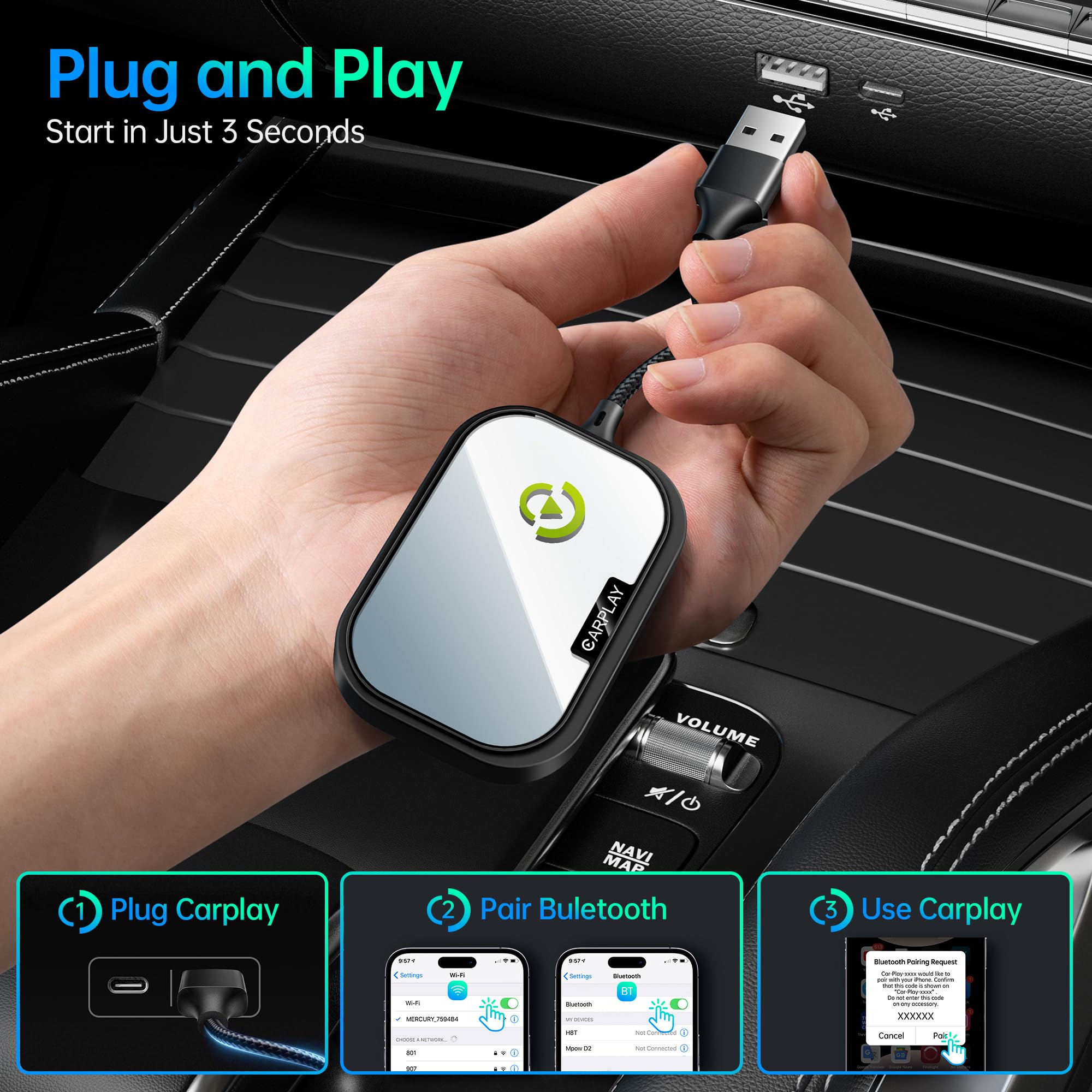 2024 Upgraded Wireless CarPlay Adapter for Apple iPhone - Convert Factory Wired to Wireless CarPlay | Plug & Play Auto Connect | Fast & Easy Setup | Compatible with 2017+ Cars & iPhone iOS | Dark Black | Perfect for Commuting, Road Trips & Hands-Free Driving