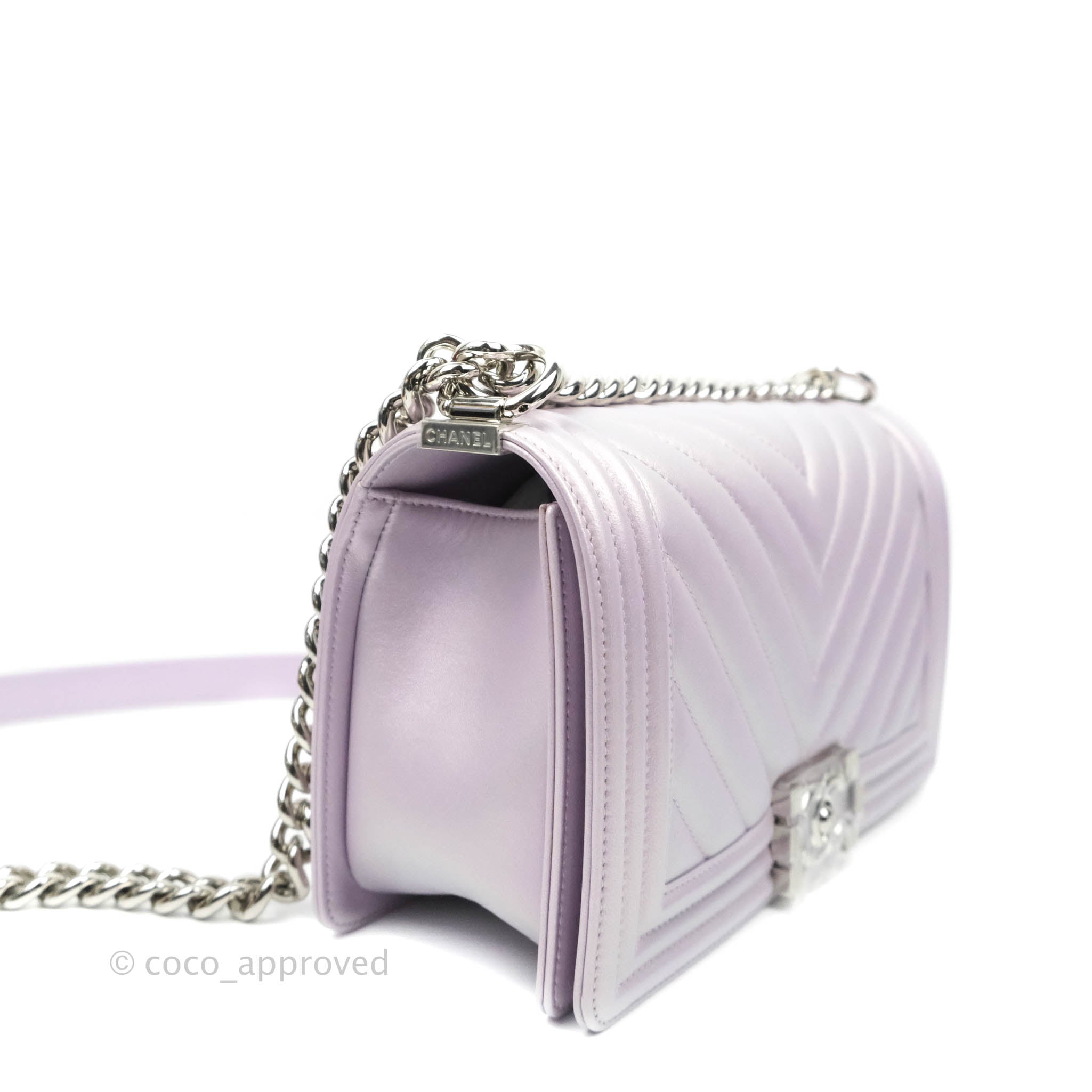 Chanel Boy Chevron Medium Iridescent Lilac Calfskin Bag with Silver Hardware - Luxury Crossbody Purse for Women, Perfect for Evening Events & Date Nights