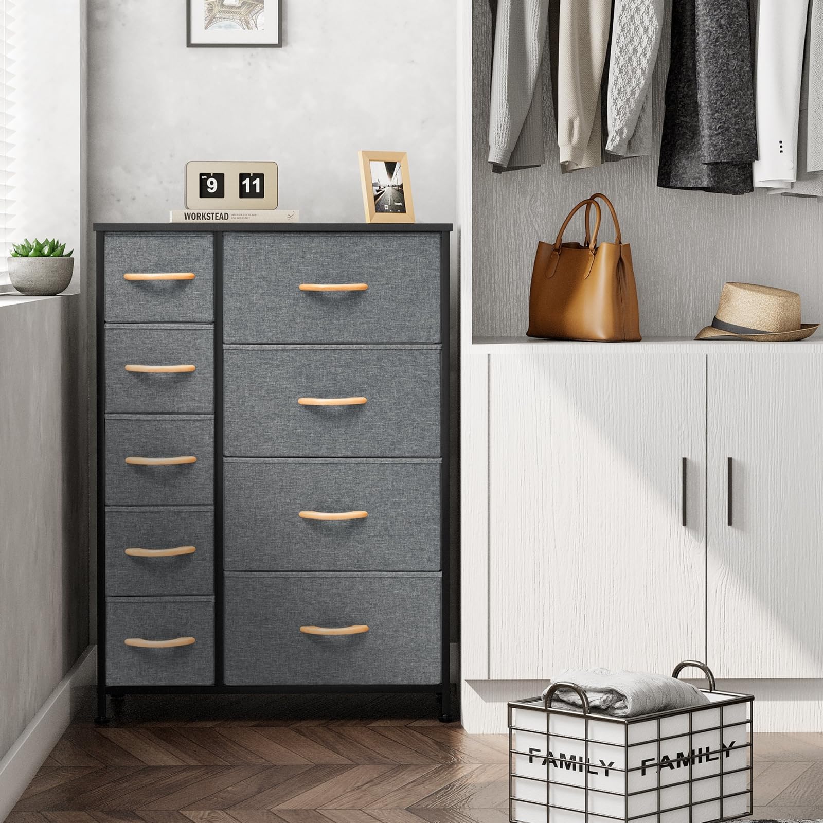 Crestlive 9-Drawer Tall Dresser for Bedroom - Vertical Storage Tower with Sturdy Steel Frame & Fabric Bins | Wood Handles Closet Organizer | Perfect for Hallway, Entryway & Small Spaces (Gray) - Space-Saving Bedroom Furniture & Home Organization Solution