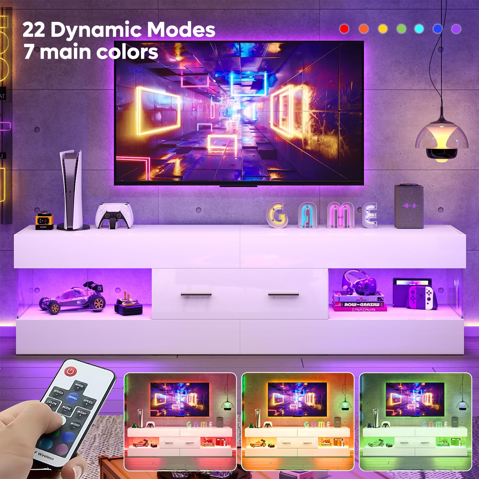 Bestier Modern TV Stand for 55-65 Inch TVs - High Gloss Entertainment Center with LED Lights, Stone-Patterned Side Panels & Large Storage Drawer - TV Console for Living Room, Bedroom (Glossy White) - Perfect for Home Theater Setup and Family Entertainment