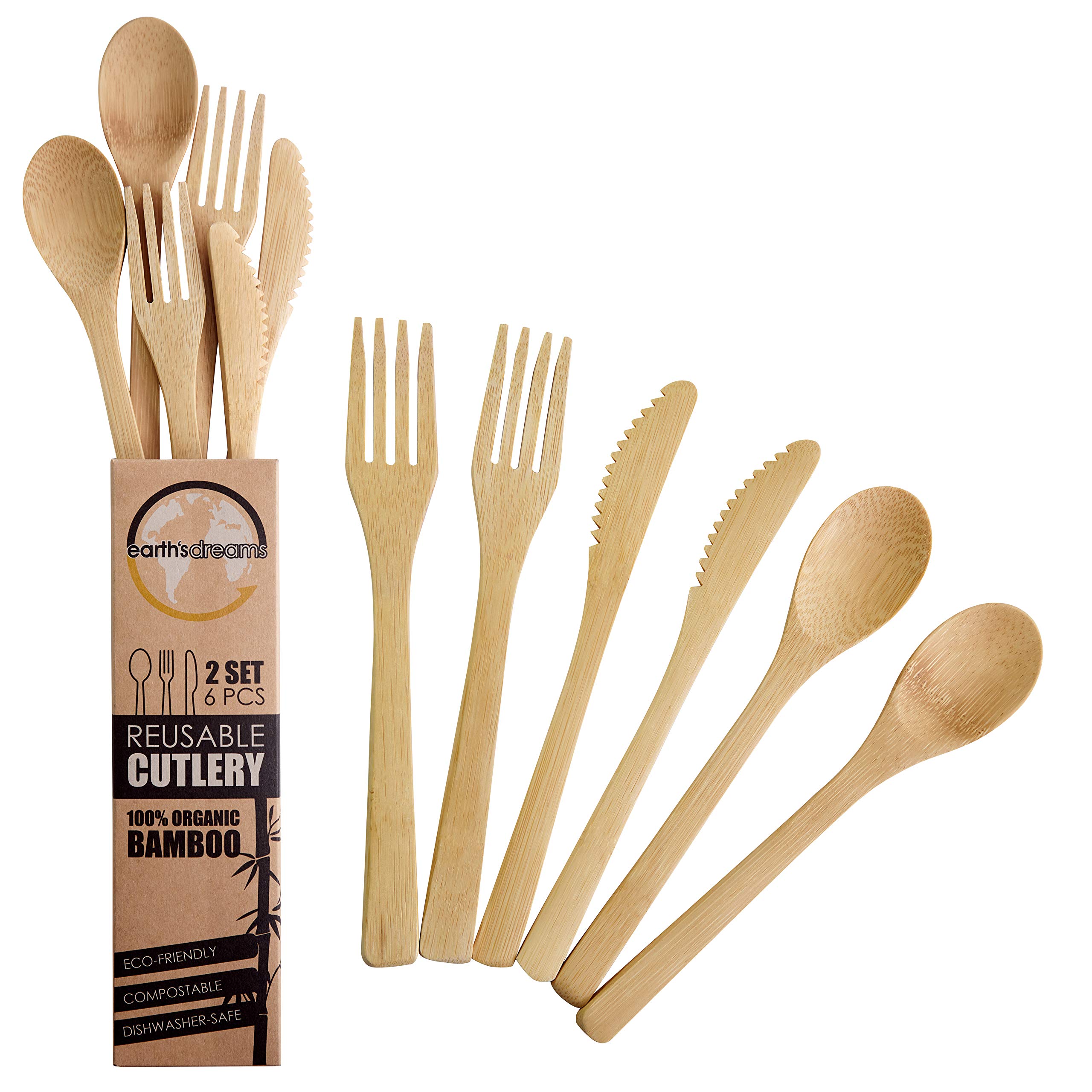 Earth's Dreams Eco-Friendly Bamboo Cutlery Set (6-Piece with Travel Case) - Reusable Wooden Spoons, Forks & Knives - Compostable & Sustainable Flatware for Camping, Picnics & Office Lunch