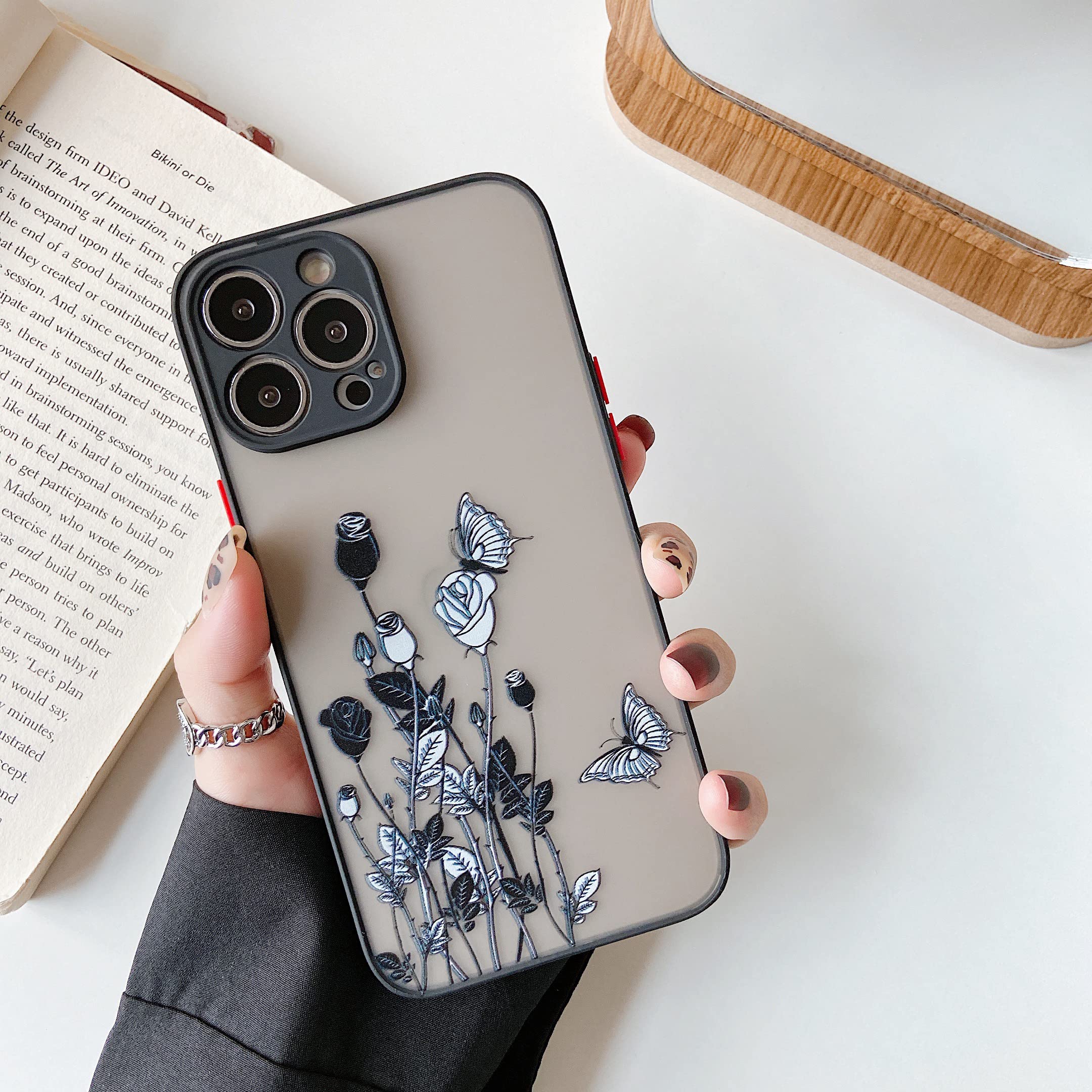 ZTOFERA iPhone 13 Pro Max Case (6.7 Inch) - Cute Floral Butterfly Rose Design, Matte Anti-Scratch Clear Black Protective Cover | Shockproof & Lightweight | Perfect for Everyday Use, Travel & Outdoor Activities