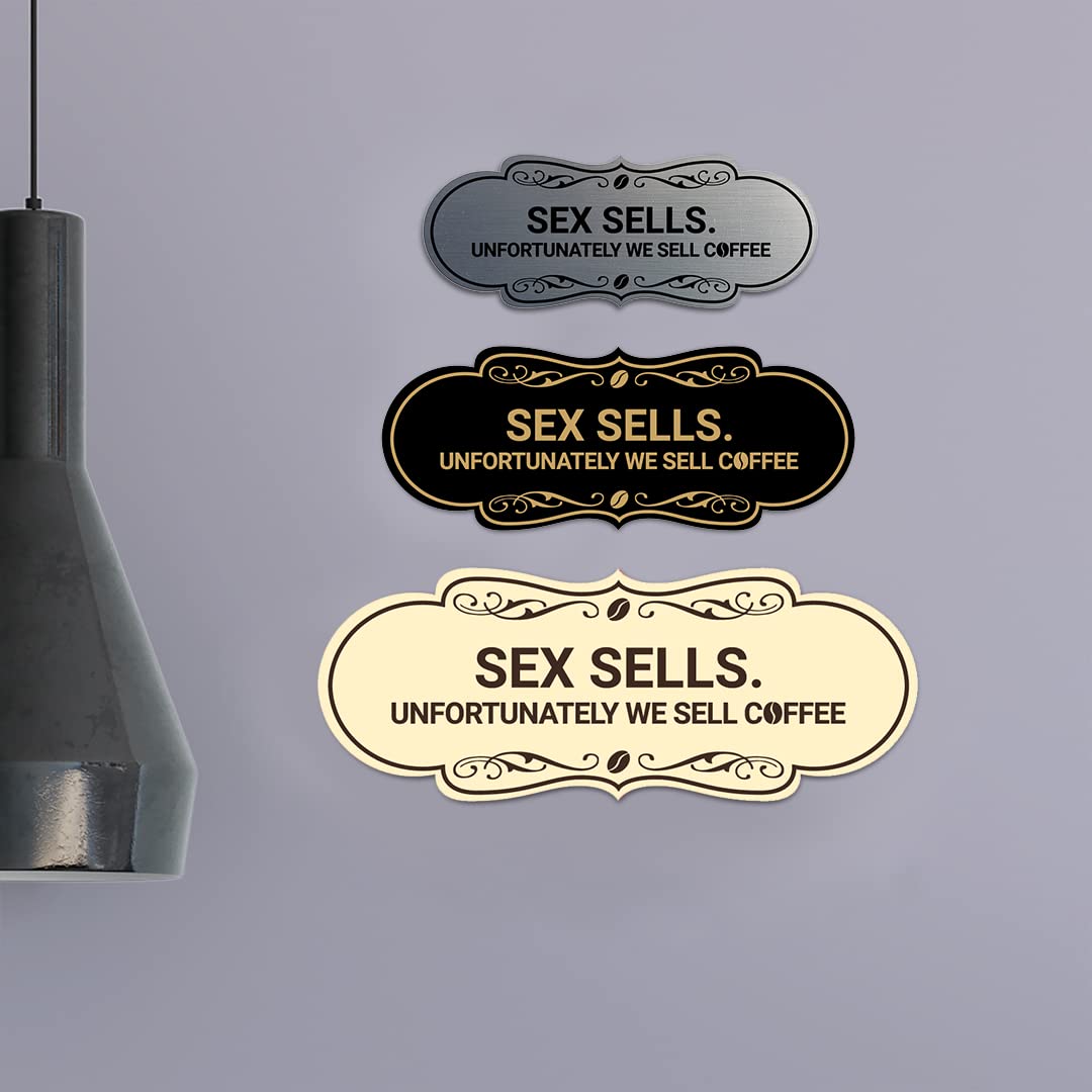 Funny Coffee Shop Sign - 'Designer Sex Sells. Unfortunately We Sell Coffee' - Large Black Wall Decor for Cafes, Offices & Home Kitchens