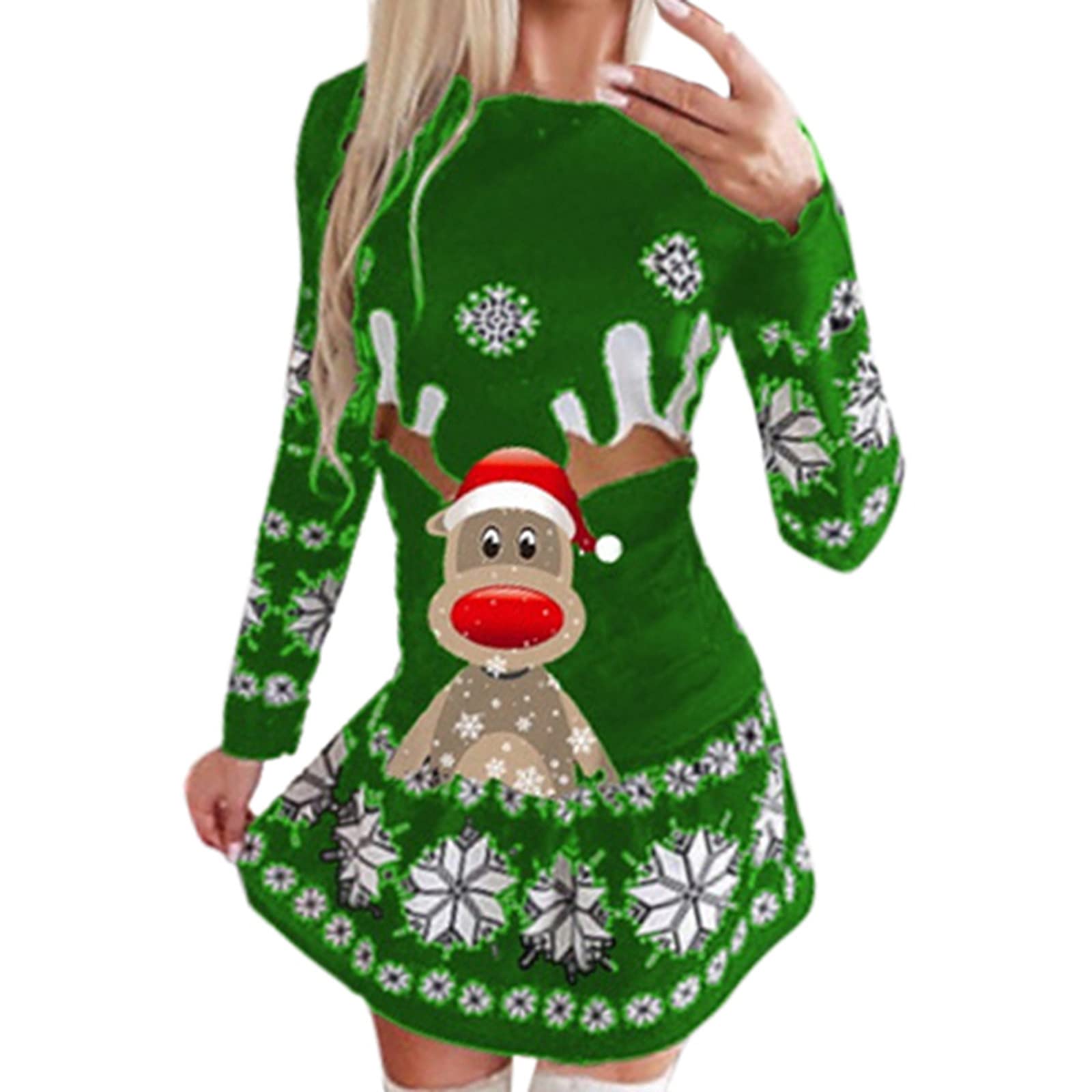 Women's Long Sleeve Round Neck Christmas Snowflake Print Party Dress - Elegant Holiday Partywear for Christmas Gatherings, Office Celebrations & Winter Formal Events