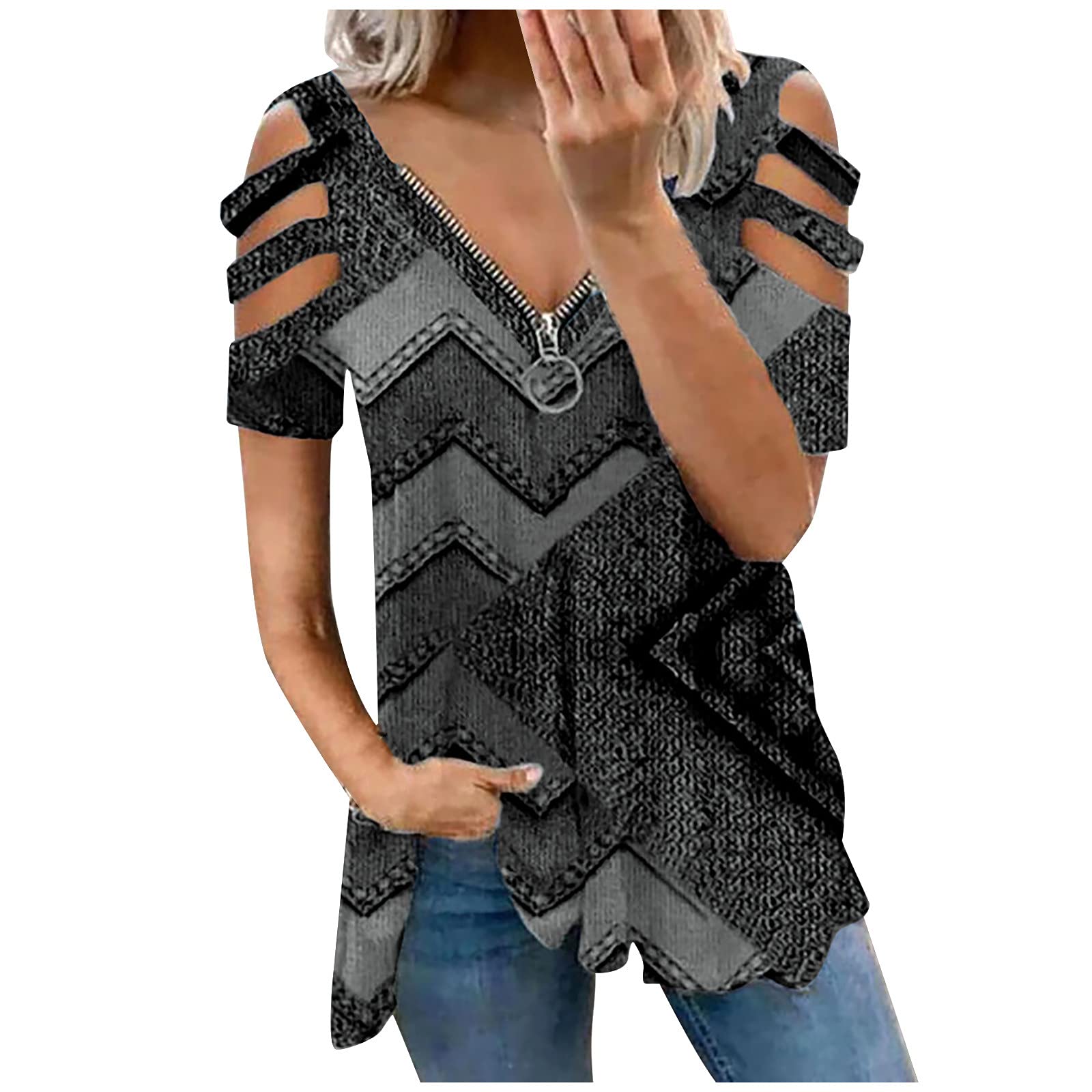 Women's Summer Short Sleeve Shirts - Solid Color Embroidery Printed Casual Blouses with V-Neck & Zipper Detail, Slim Fit Tunic Tee for Beach, Office & Everyday Wear