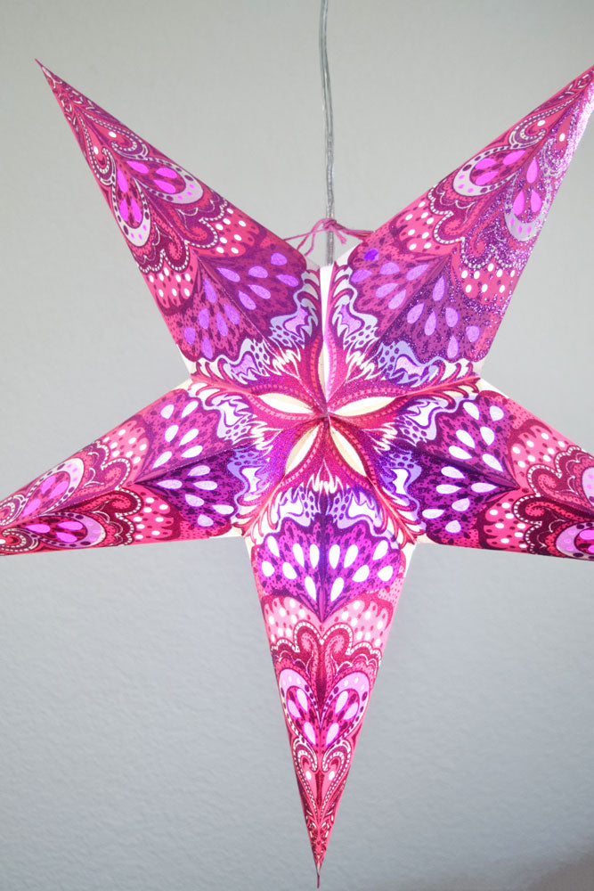 24 Pink Heart's Desire Glitter Paper Star Lantern - Hanging Decorative Light for Bedroom, Party, Wedding & Home Decor