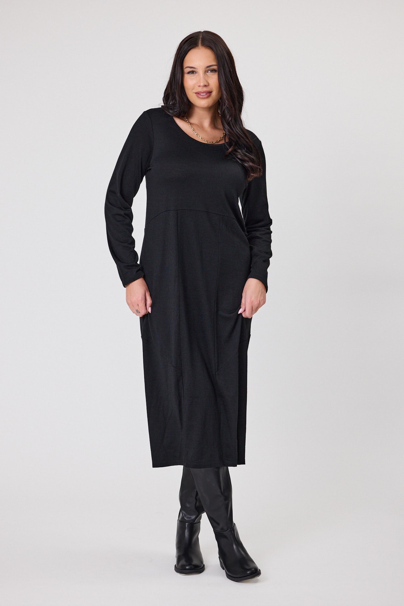 Shine On Riviera Merino Cocoon Dress - Soft Alpine Wool Black Dress for Women | Perfect for Winter Travel, Office Wear & Casual Outings