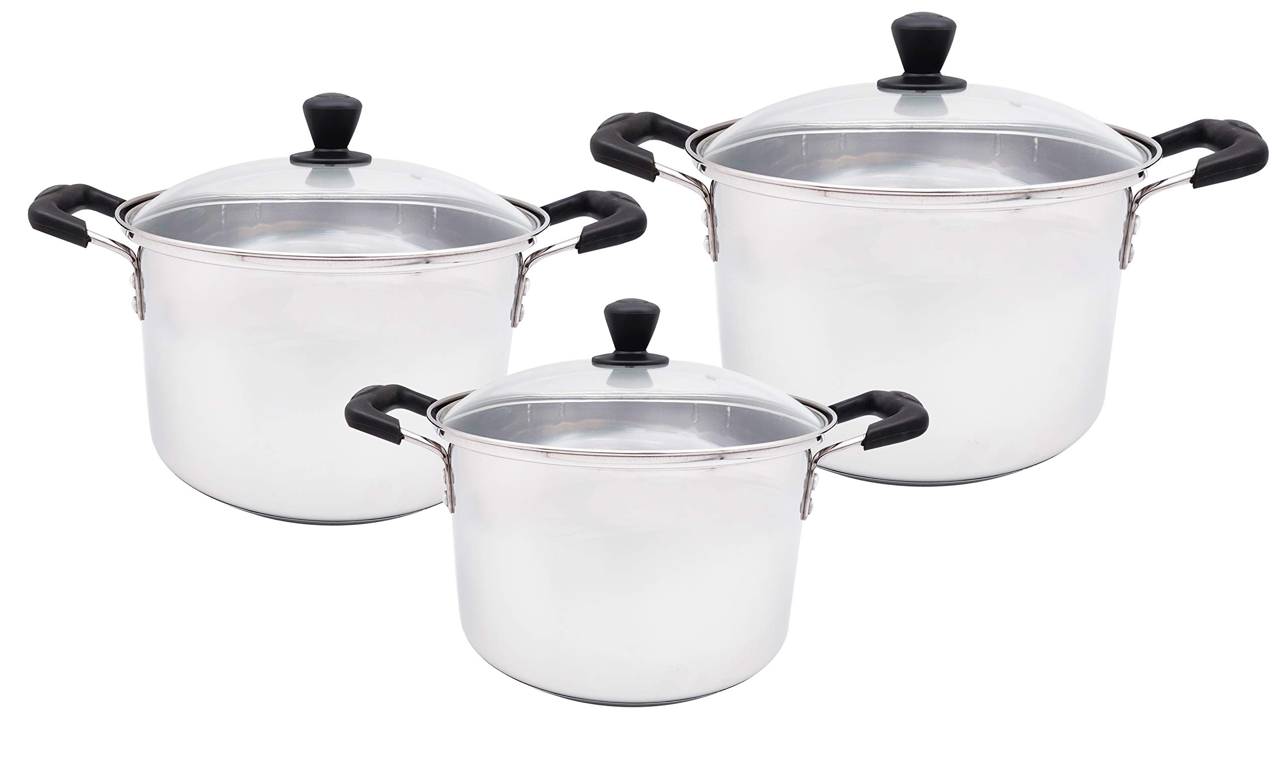 Premium Stainless Steel Stock Pot Set with Glass Lids - 6 Piece Cookware (12.5QT, 15QT, 18QT) for Soup, Stew, Pasta & Canning - Commercial & Home Kitchen Use