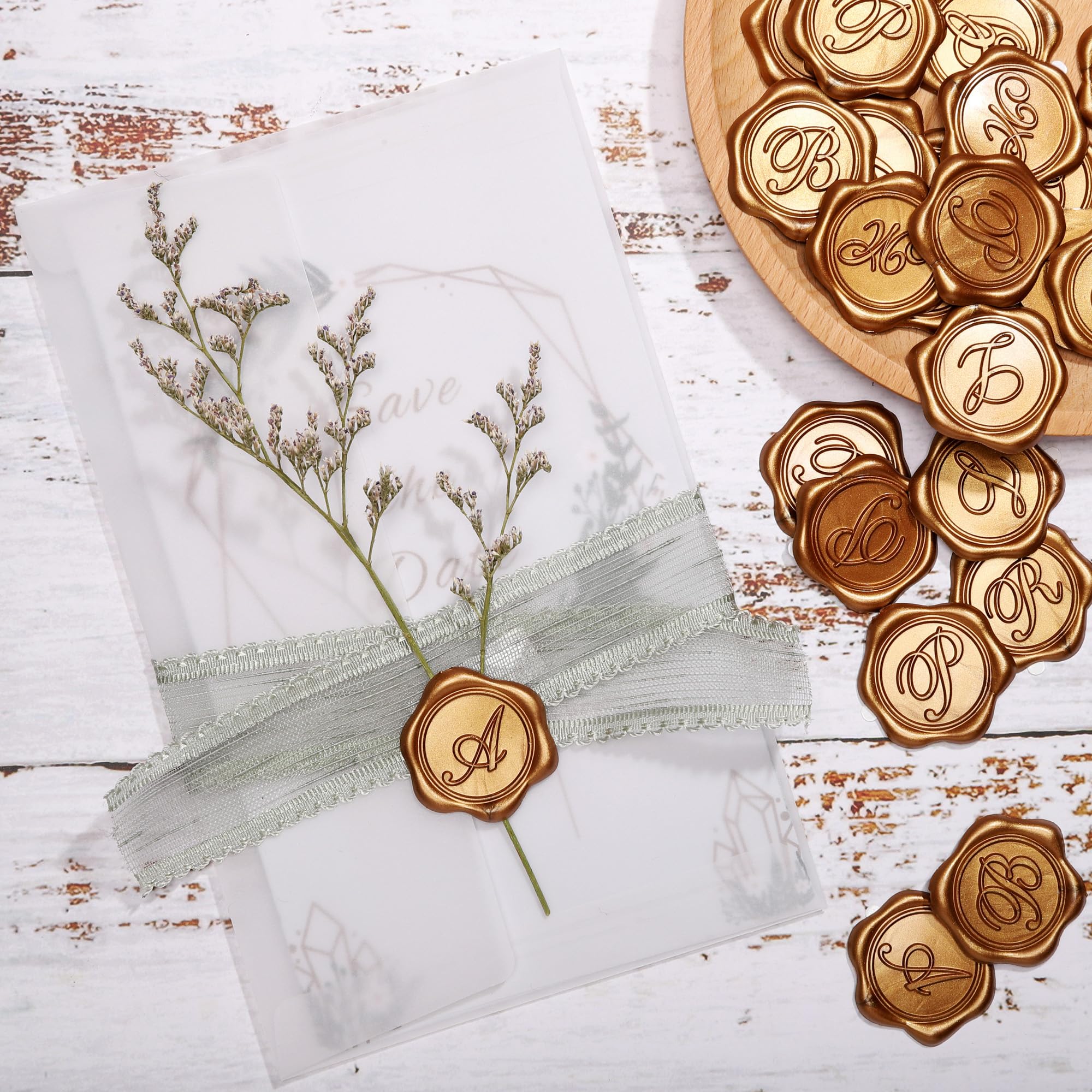 Yoption Initial Alphabet B Adhesive Wax Seal Stickers - 50 Pack Gold Letter Wax Seals for Envelopes, Self-Adhesive Decorative Stickers for Wedding, Party, Birthday & Christmas Invitations - Perfect for DIY Crafts, Scrapbooking & Elegant Correspondence