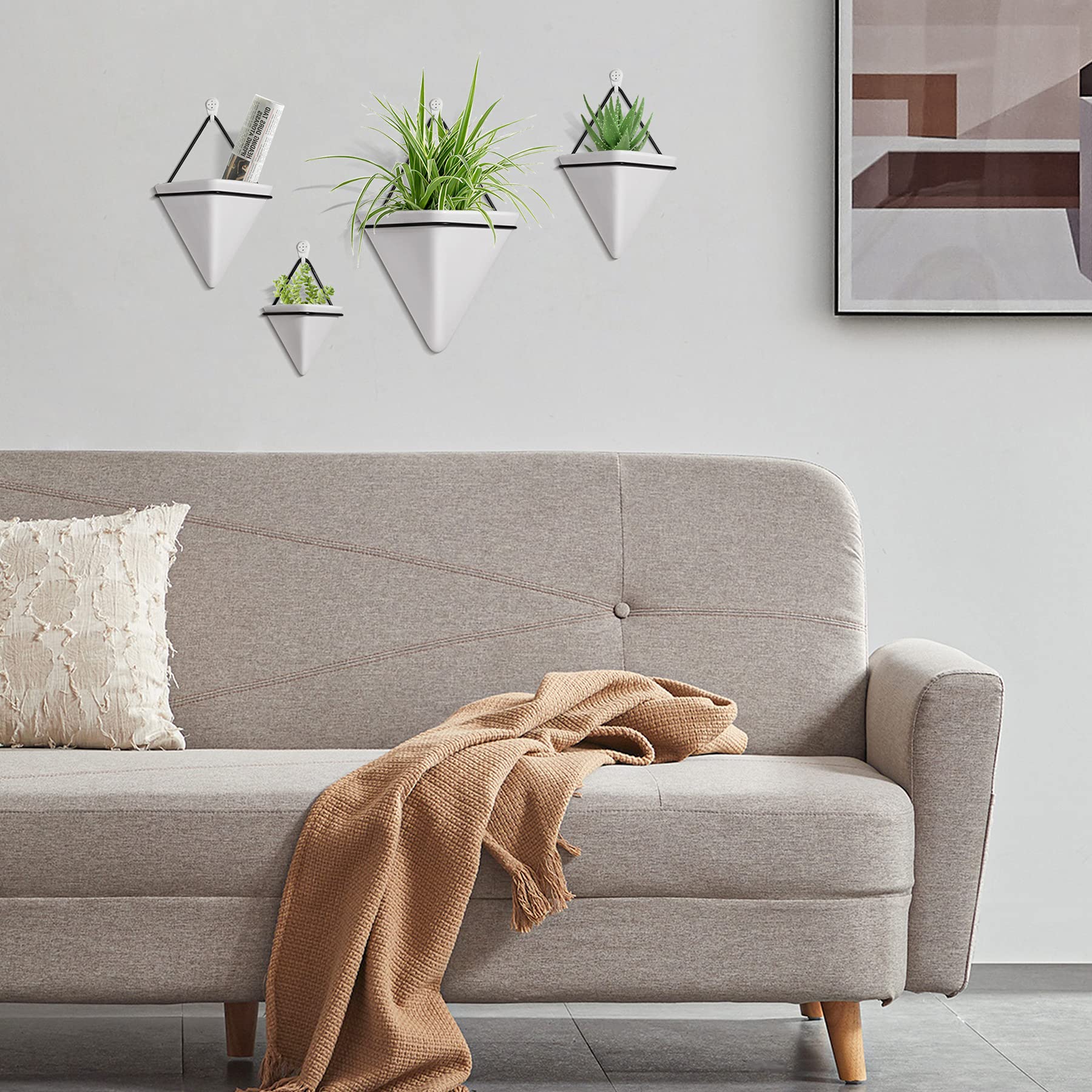 T4U Set of 2 White Ceramic Triangle Wall Planters - Modern Geometric Hanging Planters for Succulents, Air Plants, Cactus & Faux Plants | Indoor Home & Office Decor for Living Room, Bedroom, Kitchen & Workspace