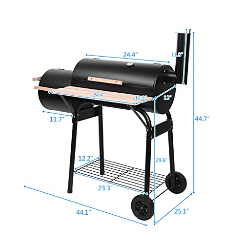 Portable Charcoal BBQ Grill & Offset Smoker - 500-600°F Steel Drum Barbecue Oven with Wheels & Side Fire Box for Backyard, Camping, Picnic & Outdoor Parties | Heavy-Duty Patio Grill for Smoking & Grilling Meat, Vegetables & More