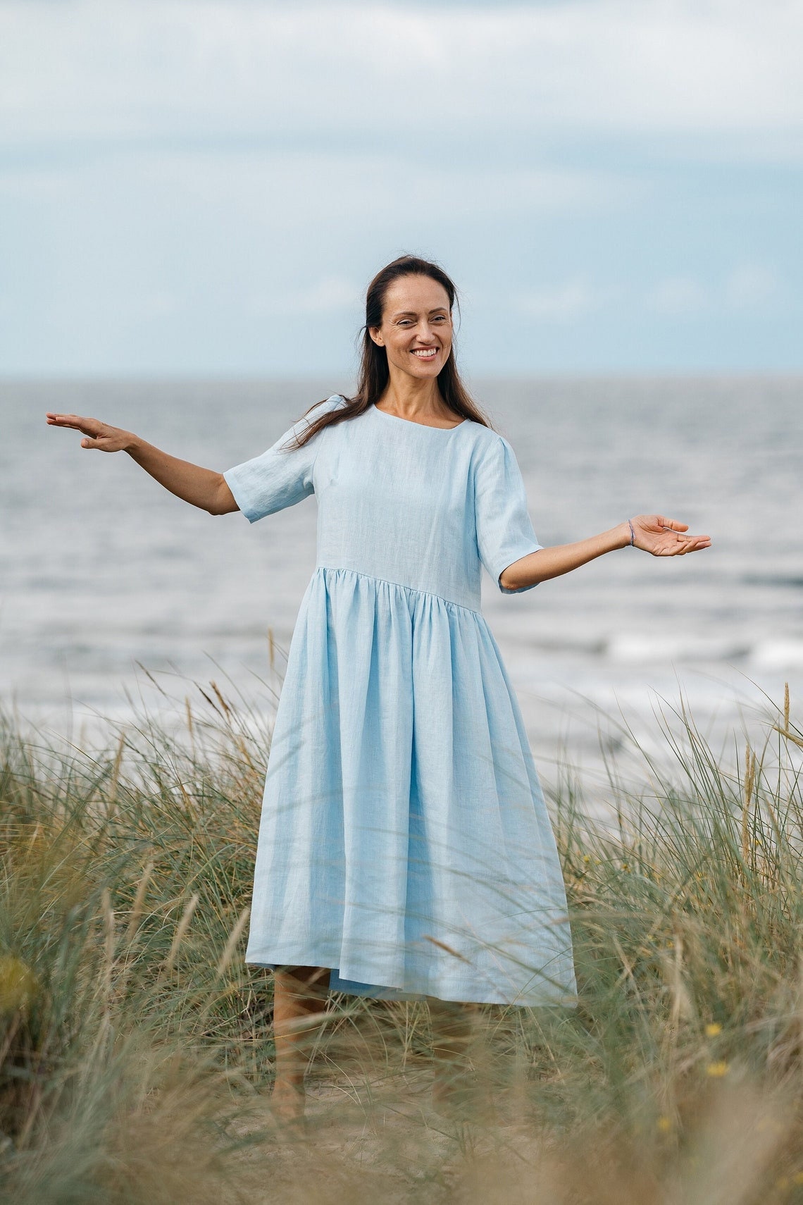 Blue Sky Linen Maxi Dress with Half Sleeves | Flowy Summer Beach Dress for Women | Perfect for Vacations, Weddings & Casual Outings
