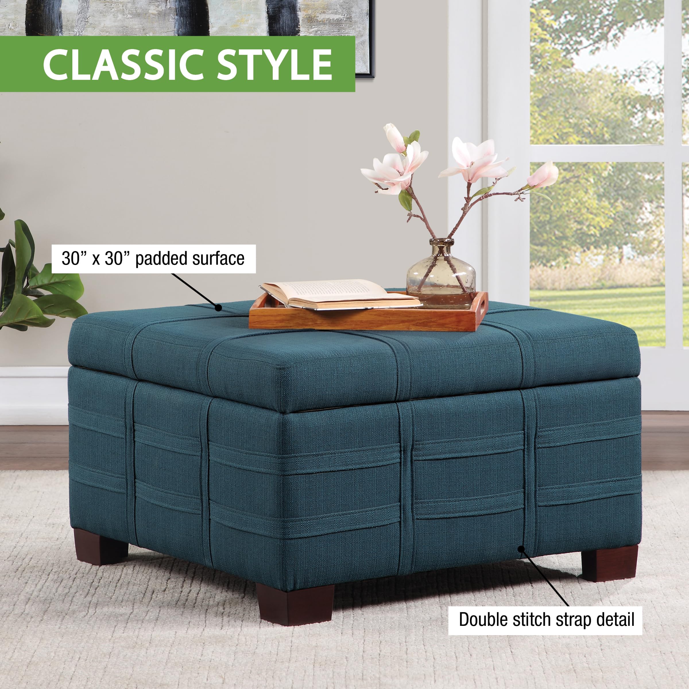 OSP Home Furnishings Detour Strap Square Storage Ottoman with Sliding Tray & Hinged Lid - Azure Fabric Upholstered Footrest Bench for Living Room, Bedroom & Home Decor