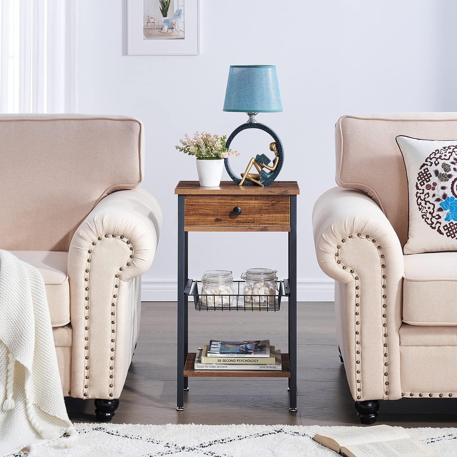 VECELO Set of 2 Tall End Side Tables with Storage Shelf & Basket - Nightstand Organizer for Bedroom, Living Room - Rustic Brown Wood Finish - Perfect for Small Spaces & Home Decor