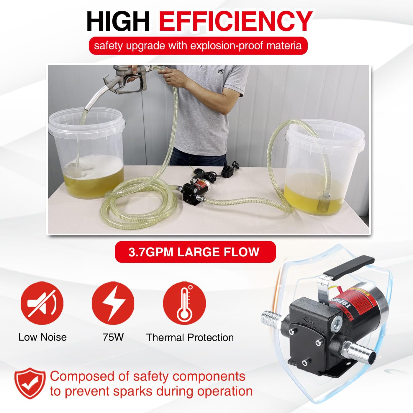 TOPWAY 12V DC Gasoline Fuel Pump Kit - Self-Priming Oil Transfer Pump with Handle, Reversible Flow, Overheat & Explosion Protection - for Gasoline, Diesel, Kerosene - Perfect for Fuel Transfer, Farm Equipment, Marine Use & Emergency Situations