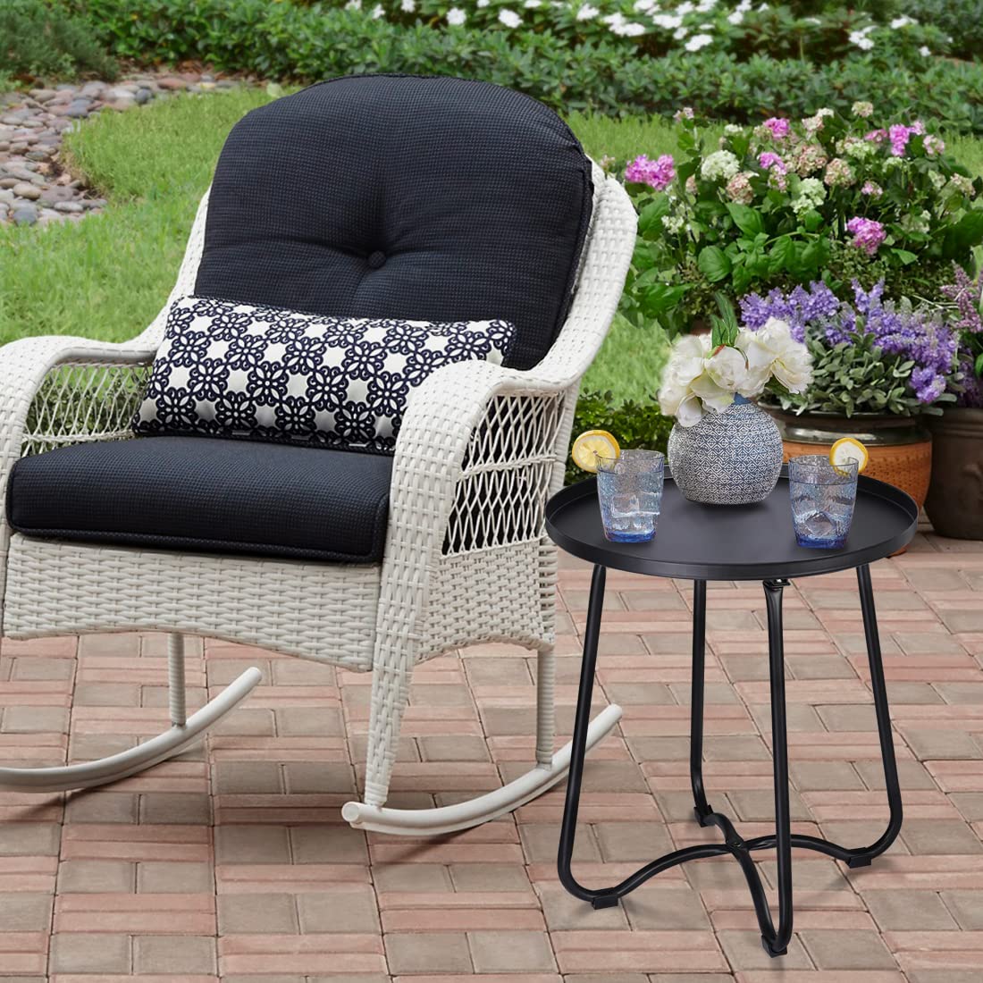 Black Round Metal Patio Side Table with Tray Top - Outdoor End Table, Nightstand for Living Room, Bedroom, Yard & Balcony - Perfect for Snacks, Drinks & Small Spaces