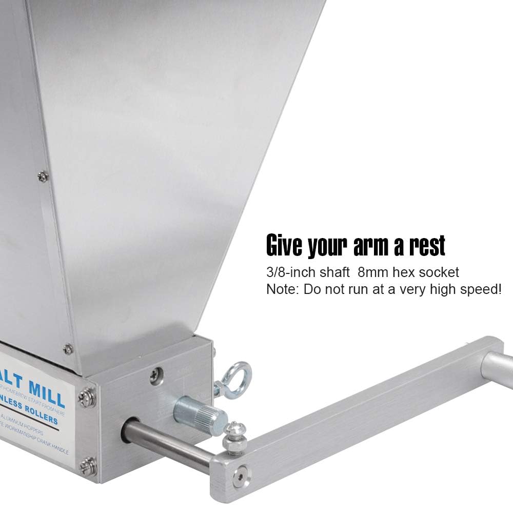 FERRODAY 2 Roller Stainless Steel Malt Crusher - Adjustable Barley Grinder for Homebrewing | Heavy Duty Grain Mill with Low Speed Drill Option | Perfect for Craft Beer Brewing, Whiskey Making & Home Brew Kit Accessories