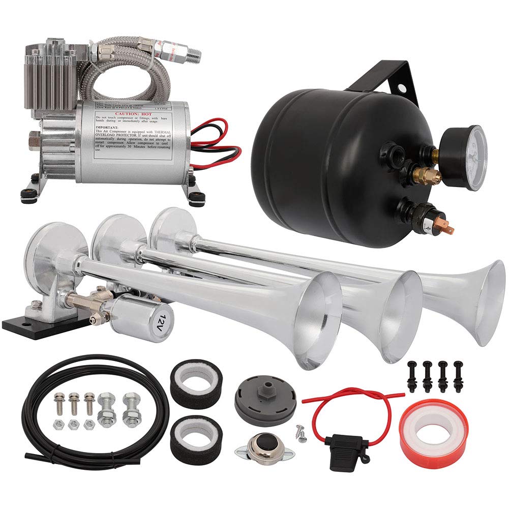 3 Trumpet Electric Train Air Horn Kit - 150 PSI Air Compressor with 0.5 Gallon Tank for Trucks, Cars & Motorcycles (12V) - Loud Warning System for Emergency, Off-Road & Safety Alerts