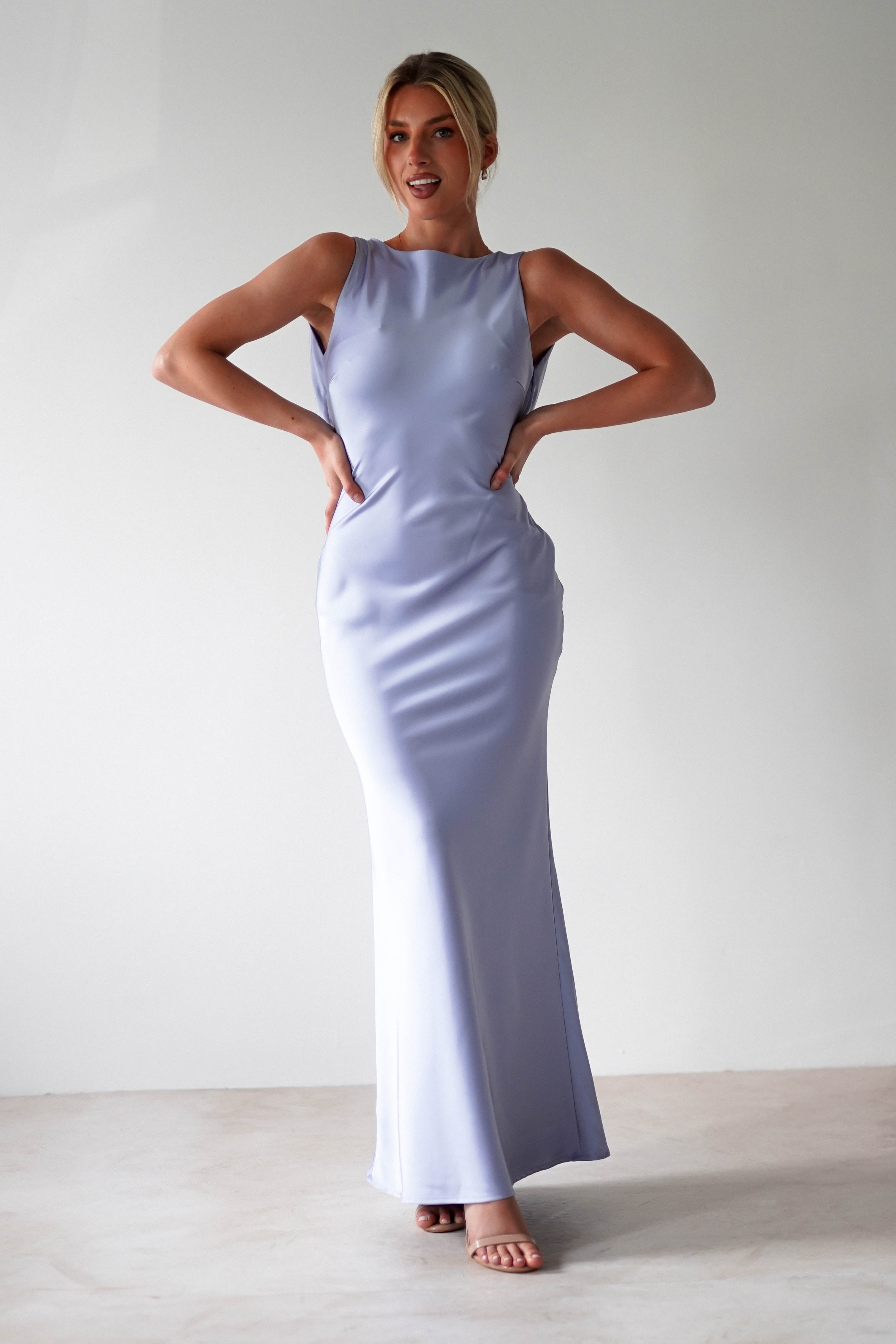Alanna Soft Matte Satin Maxi Dress - Elegant Long Formal Evening Gown in Periwinkle Blue | Perfect for Weddings, Prom, Cocktail Parties & Special Occasions