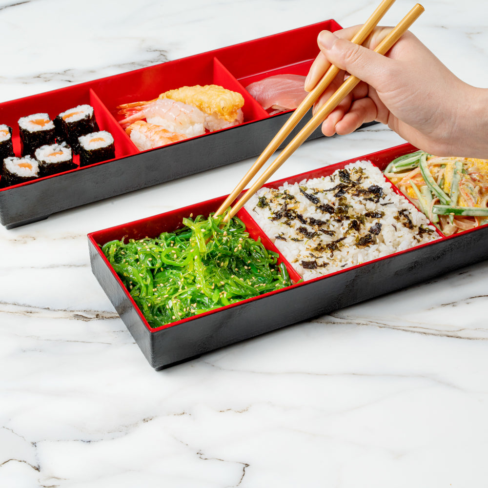 Black & Red Japanese Style Bento Box - 3 Compartment Lunch Tray (14