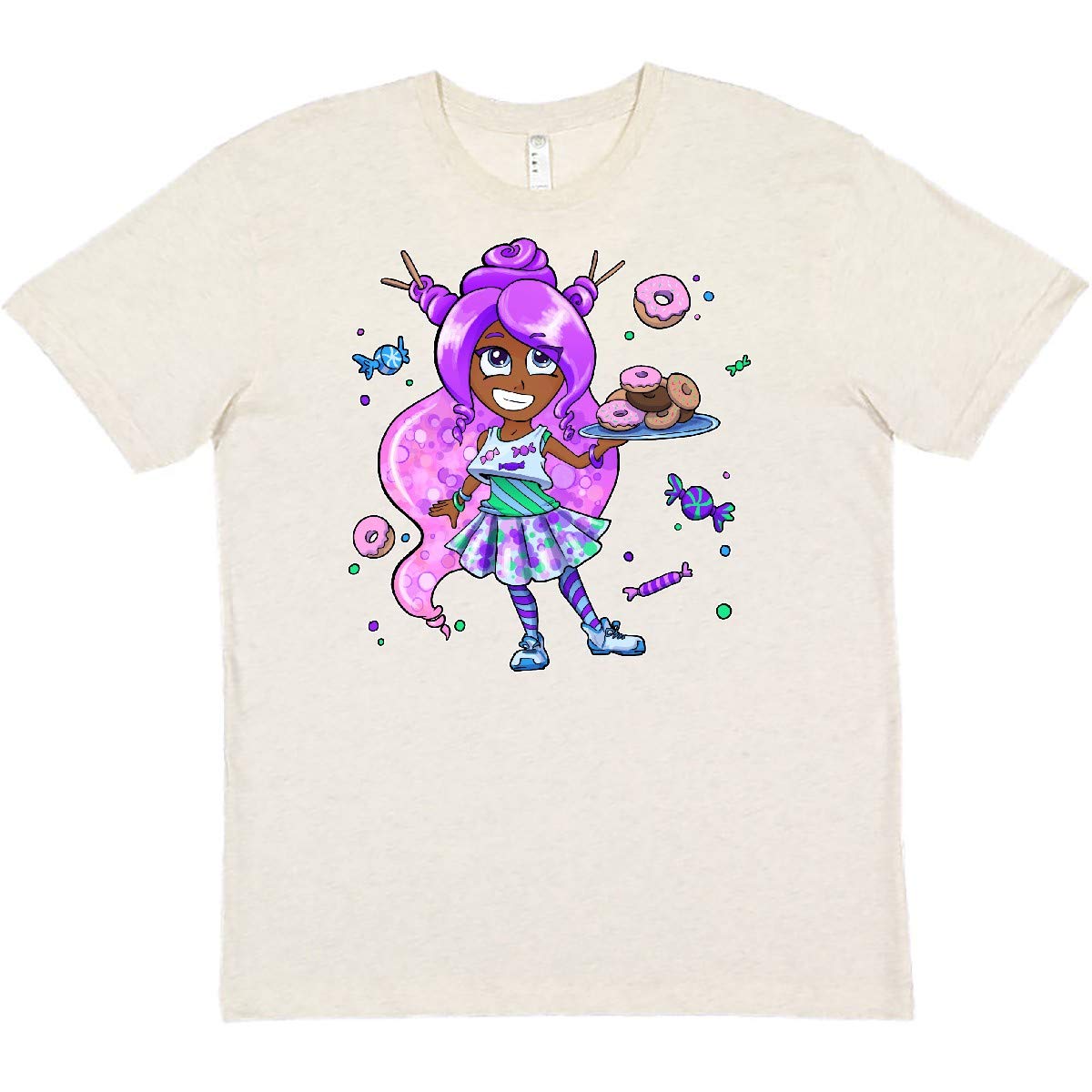 Inktastic Girl with Purple Hair Donuts and Candy Graphic T-Shirt - Fun Casual Wear for Women & Teens, Perfect for Donut Lovers, Birthday Gifts & Everyday Outfits