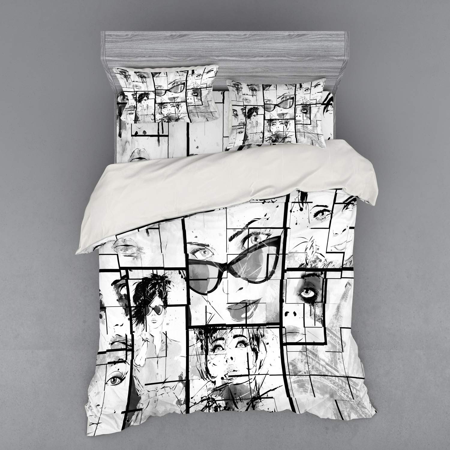 Ambesonne Paris Themed Duvet Cover Set - Queen Size 3-Piece Bedding with Monochrome Pop Art Eiffel Tower Design, Includes Sham & Fitted Sheet (White/Black/Grey) | Perfect for Romantic Bedroom Decor & Paris-Inspired Home Styling