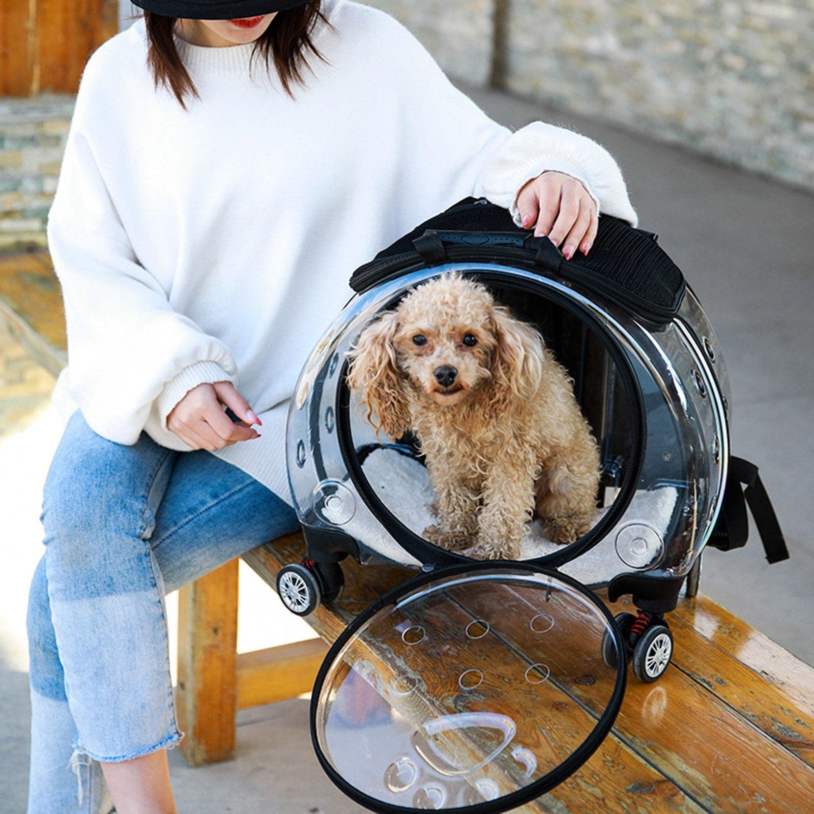 Enakshi Pink Bubble Pet Carrier Backpack & Trolley - Travel Cat Bag for Dogs & Cats | Portable Pet Supplies for Outings, Vet Visits & Airplane Travel
