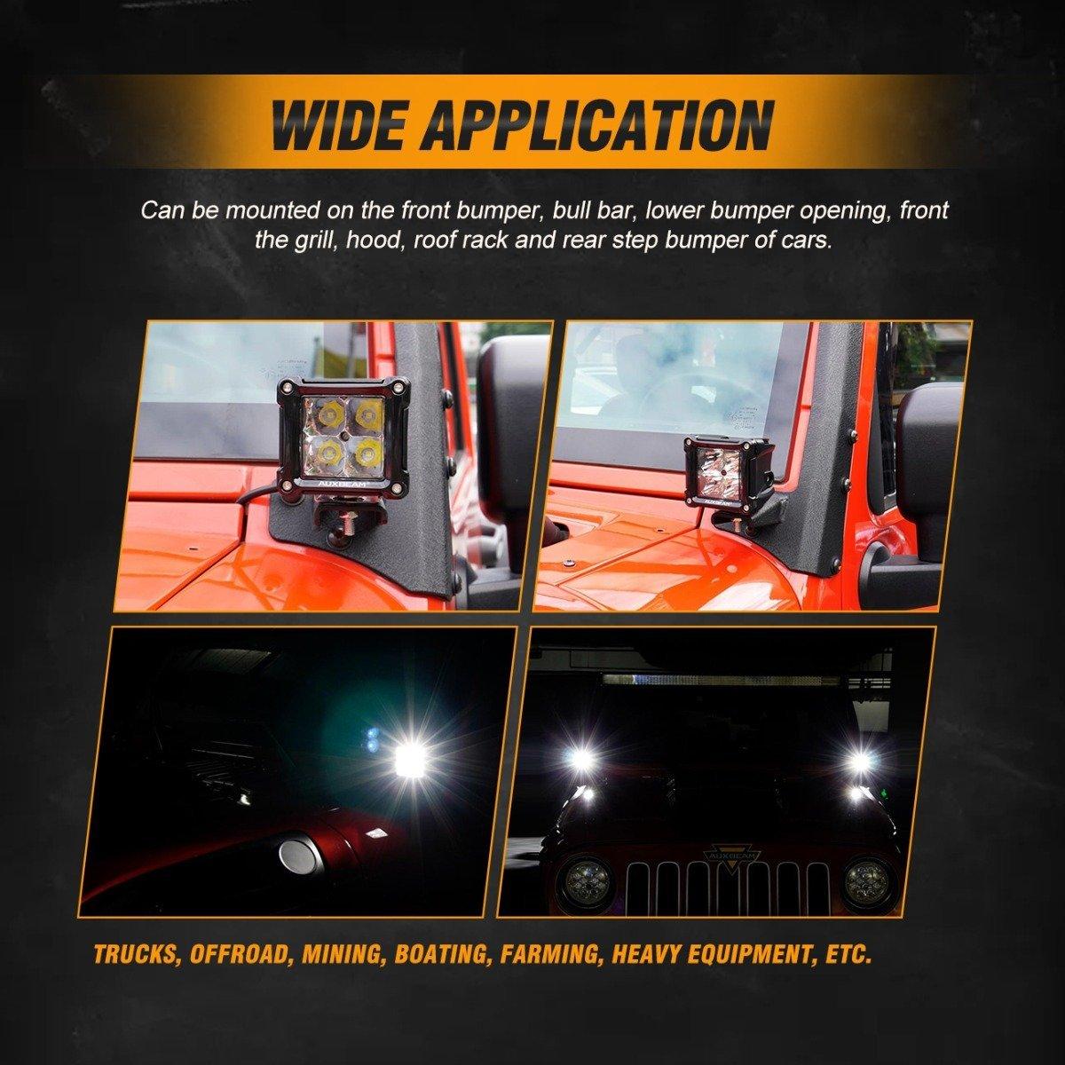 3 Inch LED Pod Lights - Spot/Flood Beam & Rear Roof Reversing Light with Brackets for 2013-2021 Polaris Ranger 570/800/900/900XP/1000/1000XP - Perfect for Off-Roading, Hunting & Night Driving