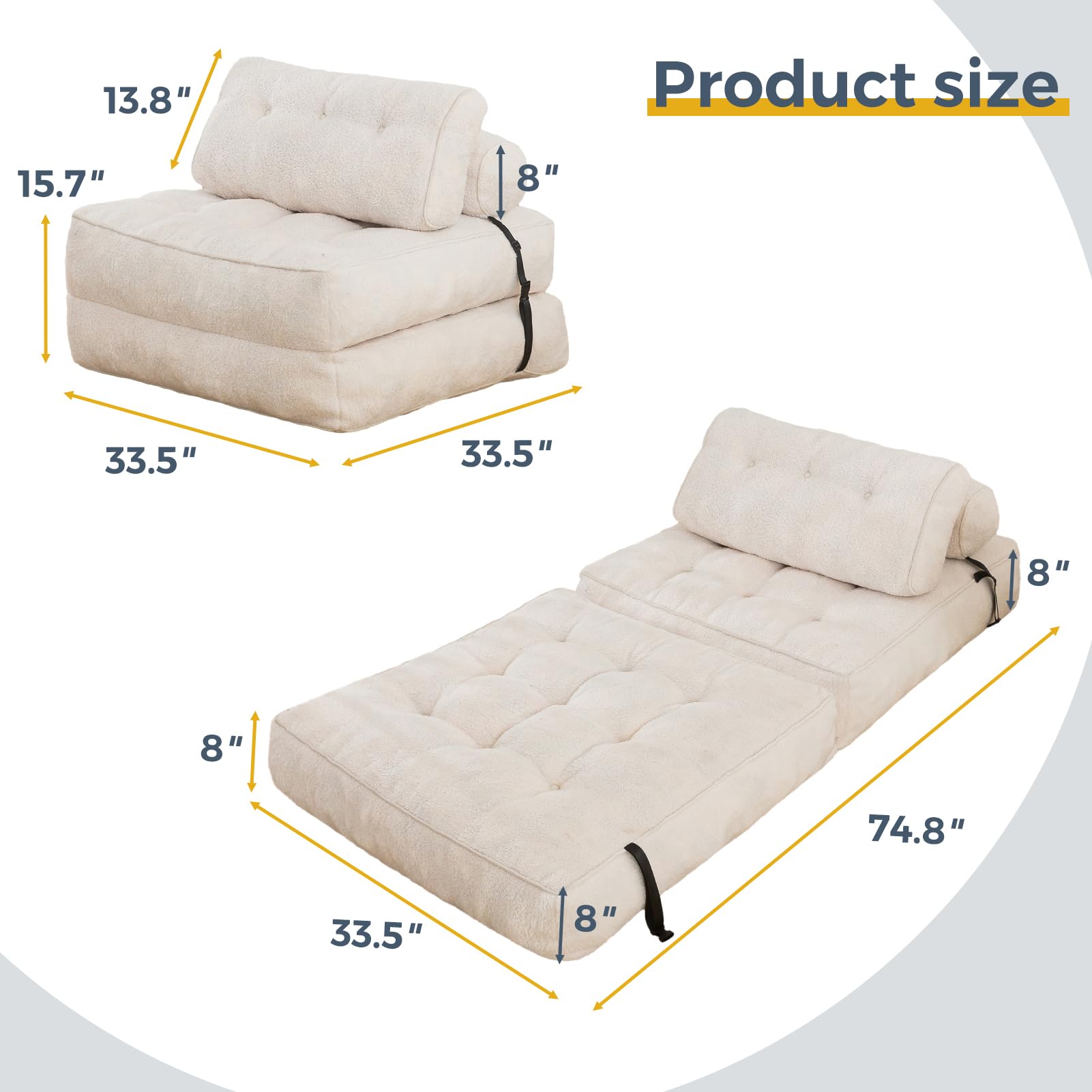 MAXYOYO Fuzzy Sofa Bed - Convertible Sleeper Chair with Pillow in Beige | Comfortable Foldable Futon for Small Spaces, Guest Room & Apartment Living