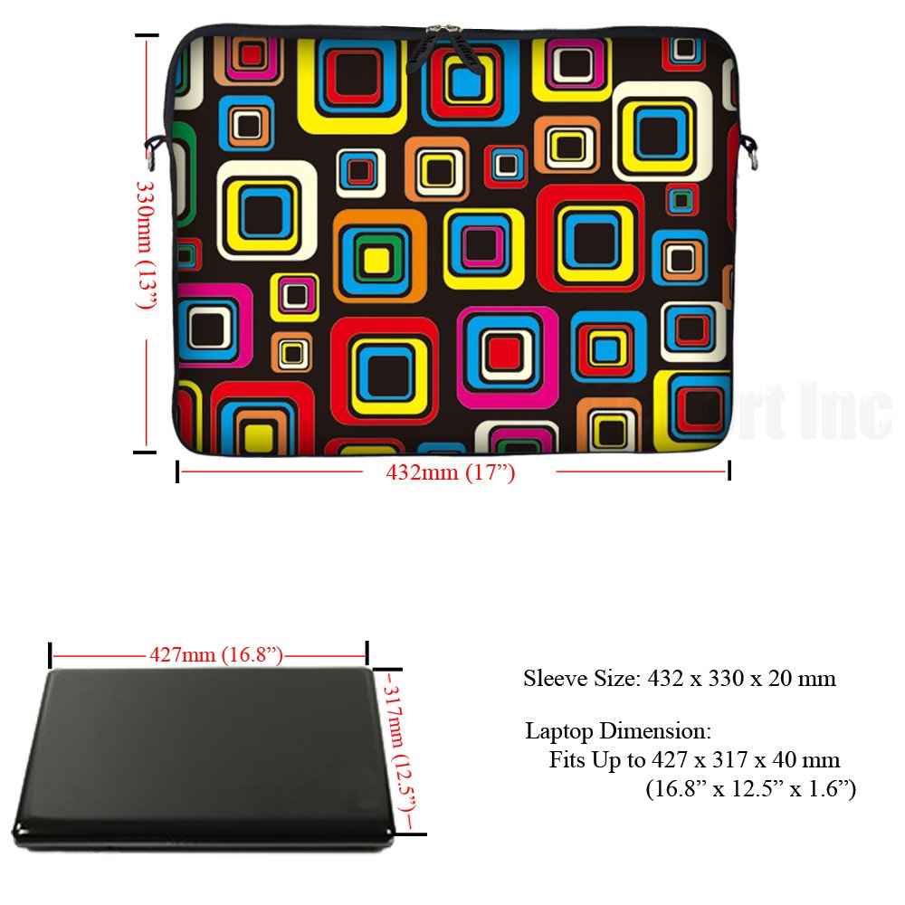 Meffort 17-17.3 Inch Neoprene Laptop Sleeve Case with Hidden Handle & Adjustable Shoulder Strap - Colorful Square Pattern - Perfect for MacBook Pro, Dell, HP Laptops - Office, School, Travel Protection
