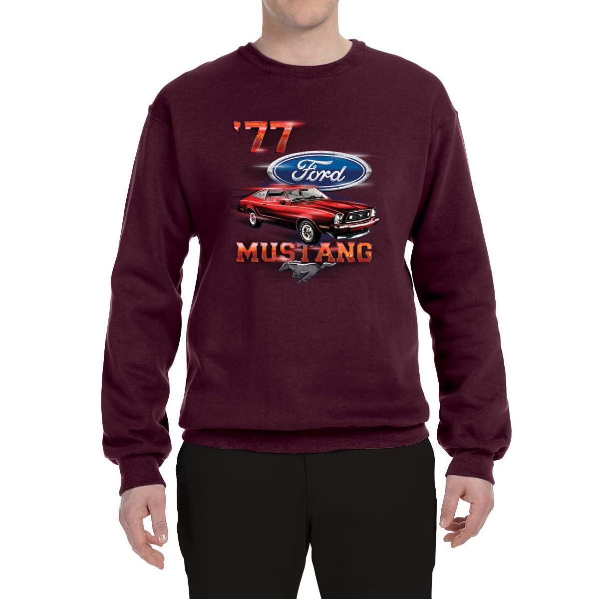 1977 Ford Mustang Graphic Sweatshirt - Wild Bobby Vintage 77 Mustang Silhouette Unisex Crewneck Shirt for Car Enthusiasts & Casual Wear