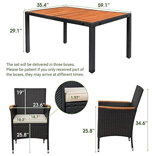 Devoko 7-Piece Outdoor Dining Set - Acacia Wood Table & Rattan Chairs, Black Patio Furniture for Garden, Backyard, Poolside & BBQ Parties