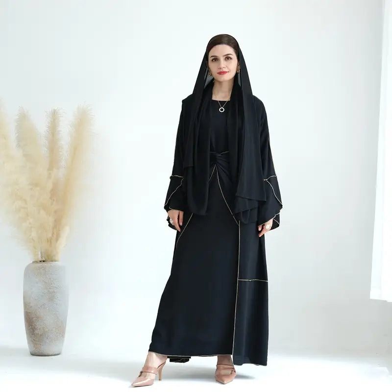 4-Piece Muslim Women's Abaya Dress Set - Wrinkle-Free Open Abaya, Mid Wrap, Sleeveless Inner Dress & Hijab Scarf | Perfect for Prayer, Eid, and Modest Fashion