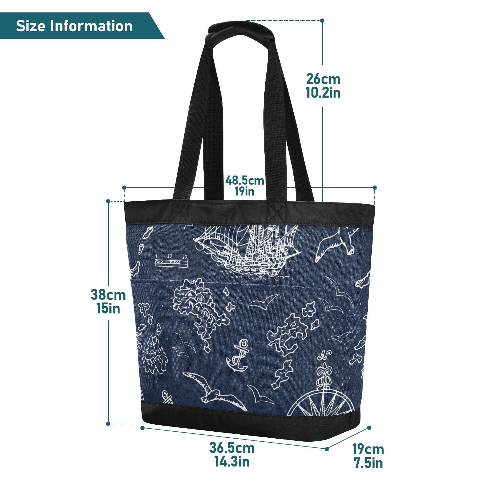 J JOYSAY Marine Nautical Ships Compass Mesh Beach Tote Bag - Large Waterproof Beach Bag for Women, Travel, Shopping & Gym - Perfect for Pool, Beach, Sports & Outdoor Activities
