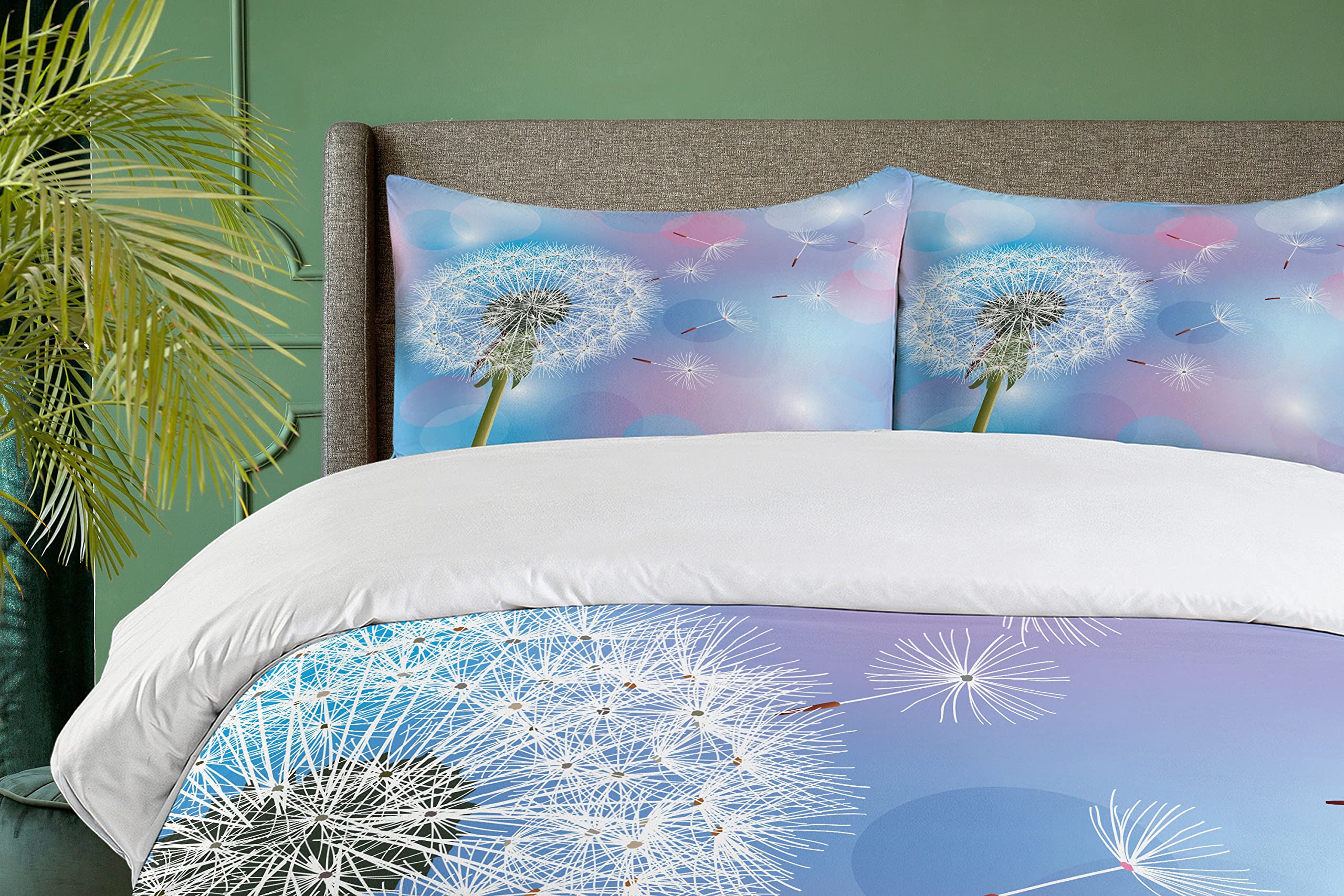 Ambesonne Dandelion Duvet Cover Set - Queen Size 3-Piece Bedding with Bokeh Flower Design in Sky Blue, Pale Pink & Green | Wind-Blown Garden Theme | Includes 2 Pillow Shams | Perfect for Spring Bedroom Decor, Guest Rooms & Boho Chic Home Styling
