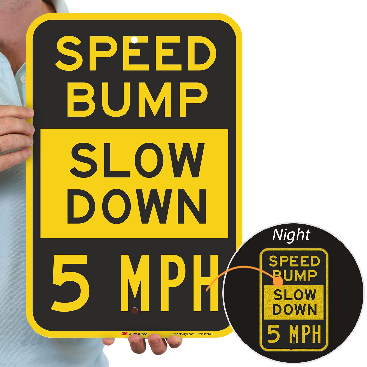 SmartSign 18 x 12 Inch 'Speed Bump - Slow Down, 5 MPH' Reflective Aluminum Road Sign - 63 Mil Thick, 3M Laminated Engineer Grade, Black/Silver/Yellow - Made in USA - Perfect for Parking Lots, School Zones & Construction Areas