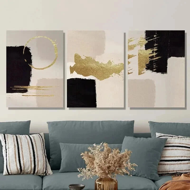 3-Piece Golden Geometric Abstract Wall Art Set - Framed Canvas 50x70cm (20x28in) - High Quality Print - 100% Australian Made - Ready to Hang - Perfect for Living Room, Bedroom & Office Decor