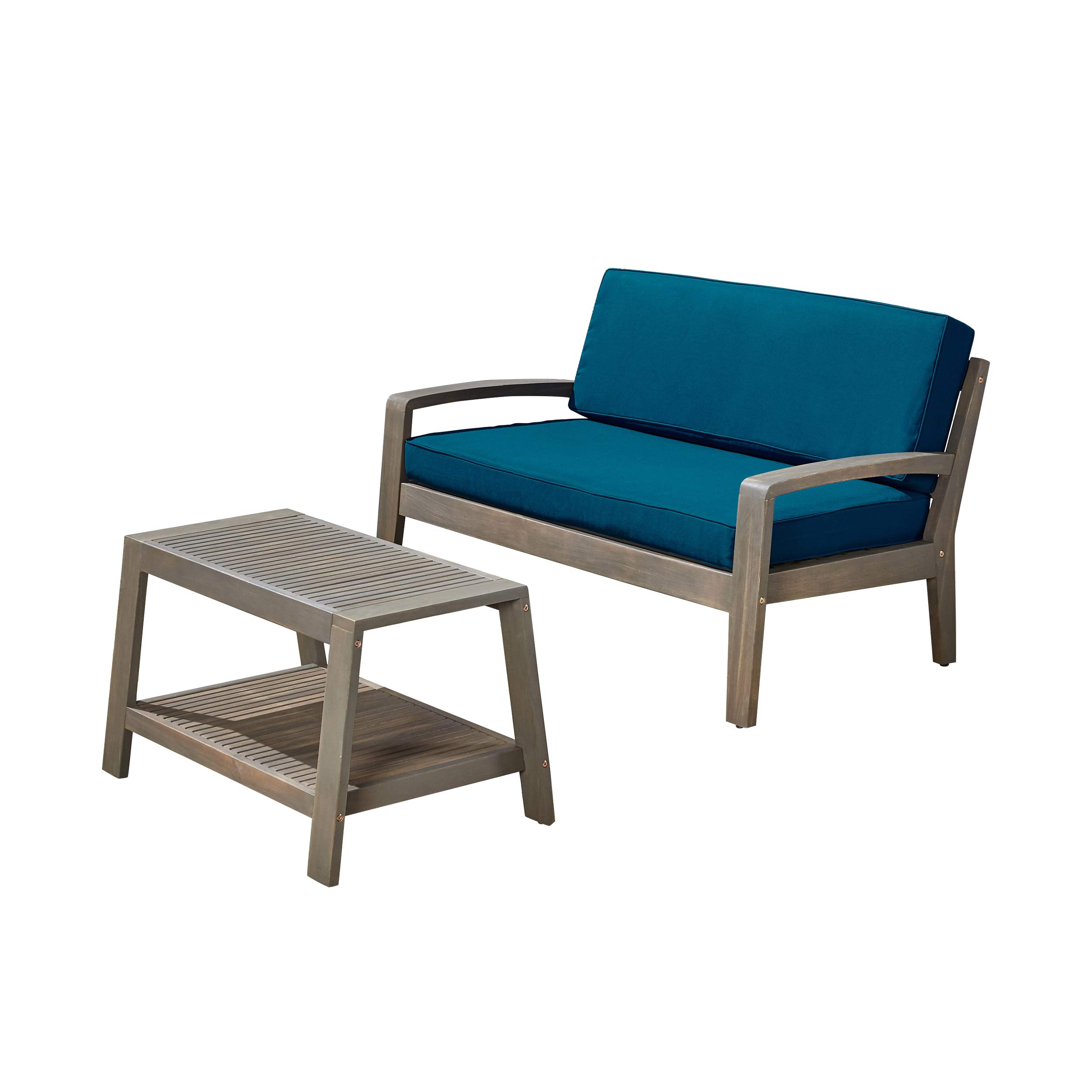 Acacia Wood Patio Loveseat & Coffee Table Set with Teal Cushions - Gray Finish Outdoor Furniture for Garden, Deck & Backyard Relaxation