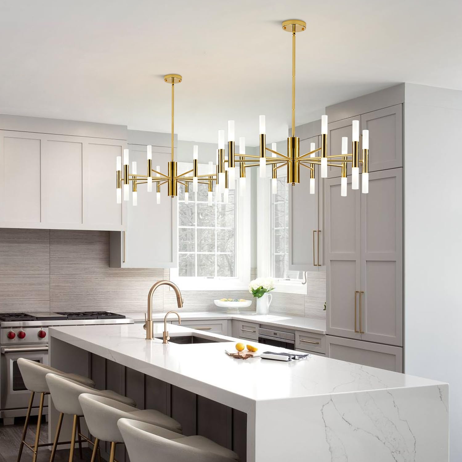 BOKT Modern 20-Light LED Sputnik Chandelier - Mid Century Pendant Light with Acrylic White Shades & Gold Finish - Semi Flush Mount Ceiling Fixture for Dining Room, Living Room, Bedroom (Small Size)