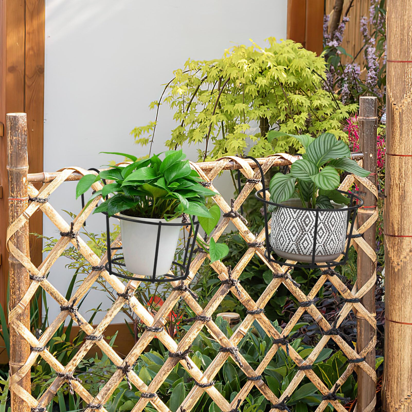 5-Piece Round Metal Hanging Planter Rack - Black Iron Wall Mounted Flower Pot Holder for Balcony, Garden & Fence Decor - Perfect for Hanging Plants, Herbs & Small Flowers