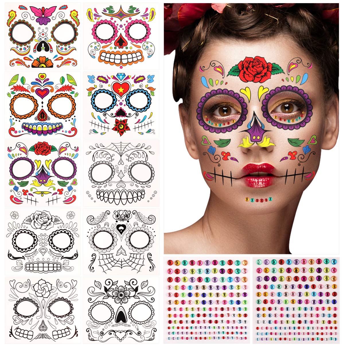 FRCOLOR 10 Sheets Halloween Temporary Tattoos - Day of The Dead Face Tattoos with Skull & Rhinestone Designs for Cosplay, Parties & Makeup | Perfect for Halloween Costumes, Festival Body Art & Themed Events