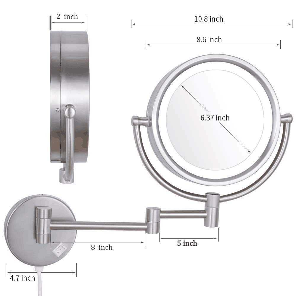 10X Magnifying Makeup Mirror with LED Lights - 8 Inch Double-Sided Wall Mounted Vanity Mirror, 360° Rotation, USB Rechargeable - Perfect for Bathroom, Bedroom, and Hotel Makeup Application
