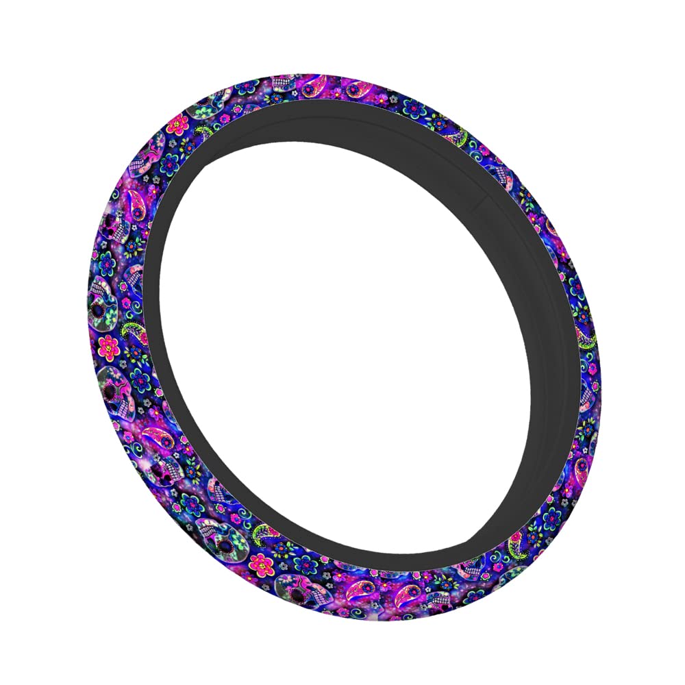 Swono Sugar Skull Steering Wheel Cover - Abstract Purple Sugar Skull & Paisley Flower Design, Anti-Slip Car Wheel Wrap for Most 15-Inch Steering Wheels (Fits Cars & Trucks) - Perfect for Gothic Style Lovers & Unique Car Accessories