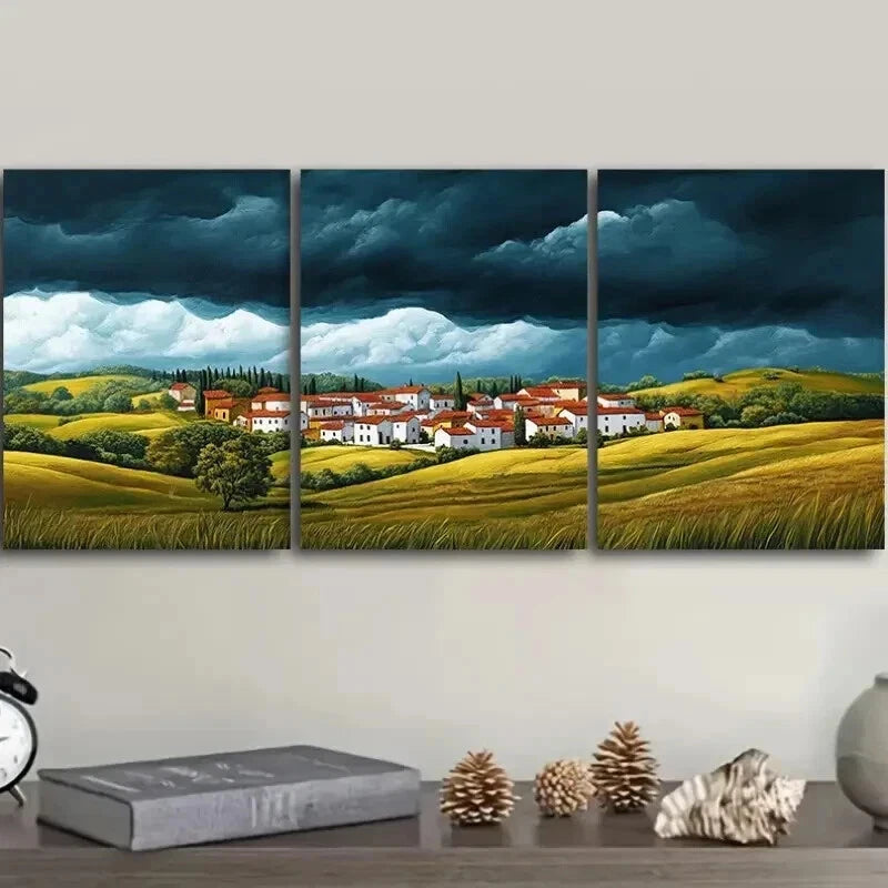 3-Piece Red Roof Village Painting Wall Art Set - Framed Canvas 50x70cm | High Quality Print | 100% Australian Made | Ready to Hang | Perfect for Living Room, Bedroom & Office Decor