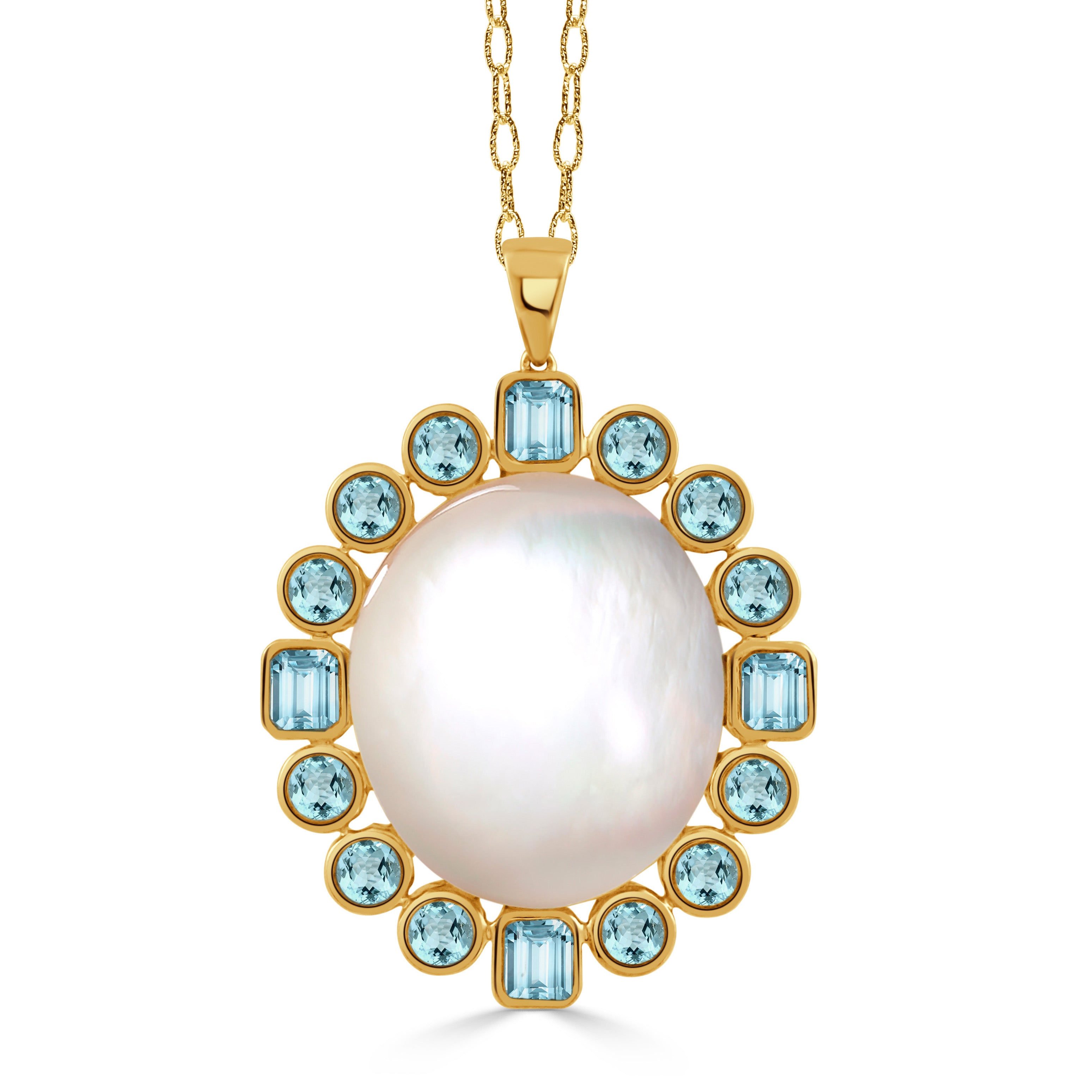 18K Gold Pendant Necklace with Mother of Pearl and Blue Topaz - Elegant Jewelry Gift for Women, Perfect for Weddings & Special Occasions