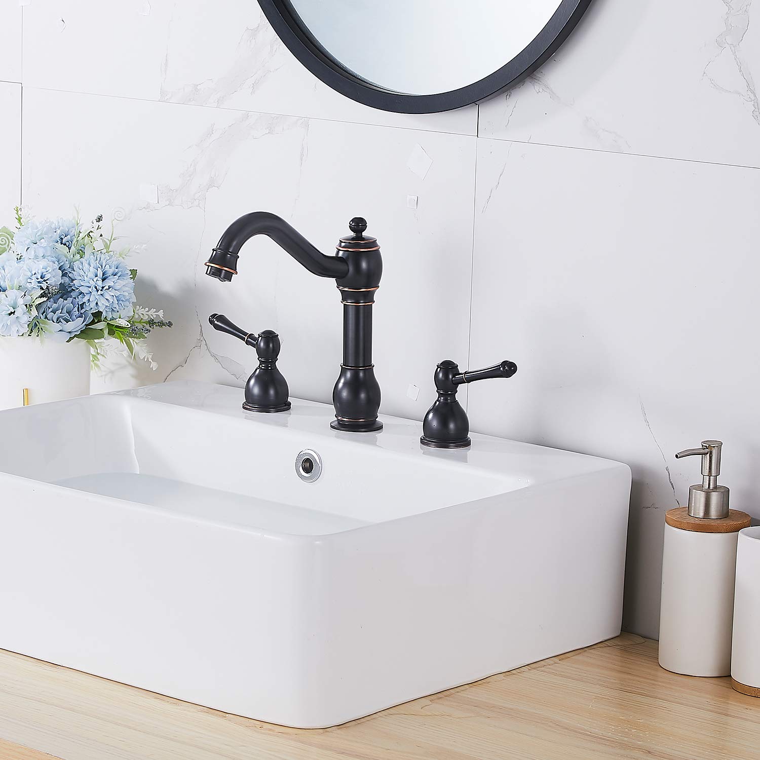 GGStudy Oil Rubbed Bronze 8-Inch Widespread Bathroom Faucet - 2 Handle 3 Hole Brass Sink Faucet with Pop-Up Drain - Perfect for Modern Bathroom & Powder Room Renovation
