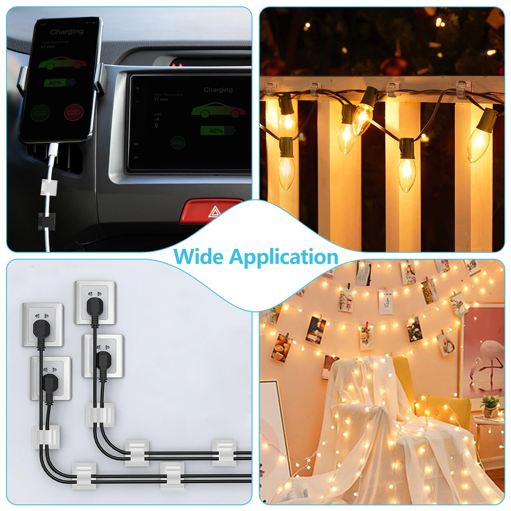 100PCS Clear Adhesive Cable Clips - Strong Wire Organizer for Wall, Desk, TV & Ethernet Cords - Perfect for Christmas Lights, String Lights & PC Cable Management (Indoor/Outdoor Use)