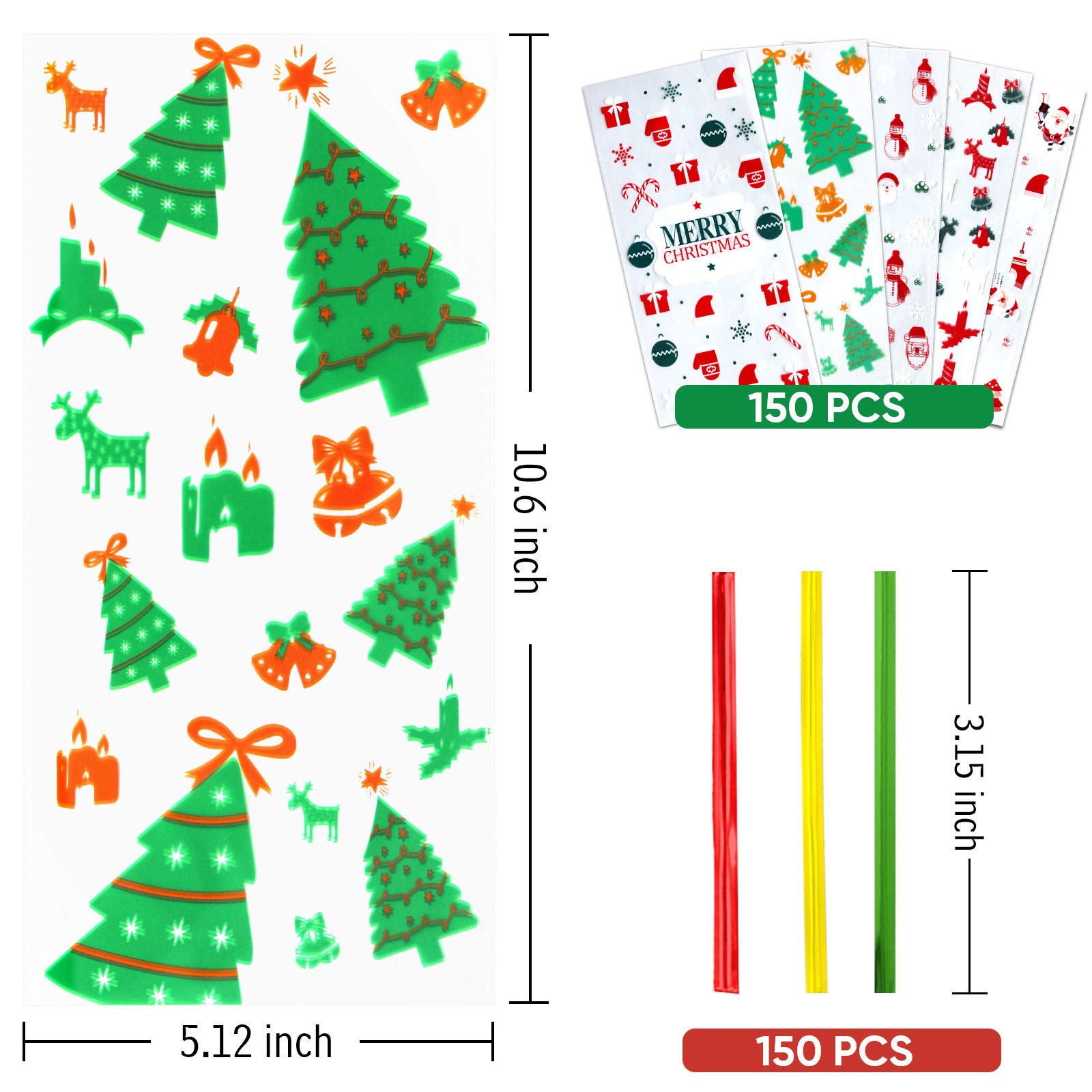 150 Pcs Christmas Cellophane Treat Bags with Twist Ties - Holiday Cookie Candy Bags for Christmas Party Favors, Gift Wrapping & Baking Supplies (Red/Green) - Perfect for Holiday Treats, Classroom Gifts & Cookie Exchanges