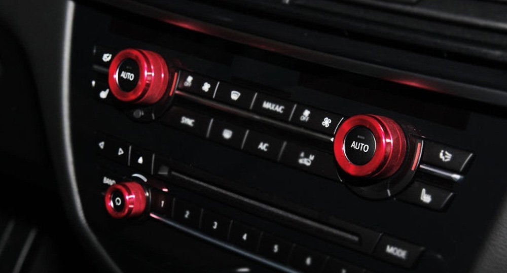 3-Piece Red AC Climate Control & Radio Volume Knob Ring Covers for BMW 5 6 7 Series - Interior Car Accessories Upgrade for Enhanced Grip & Style