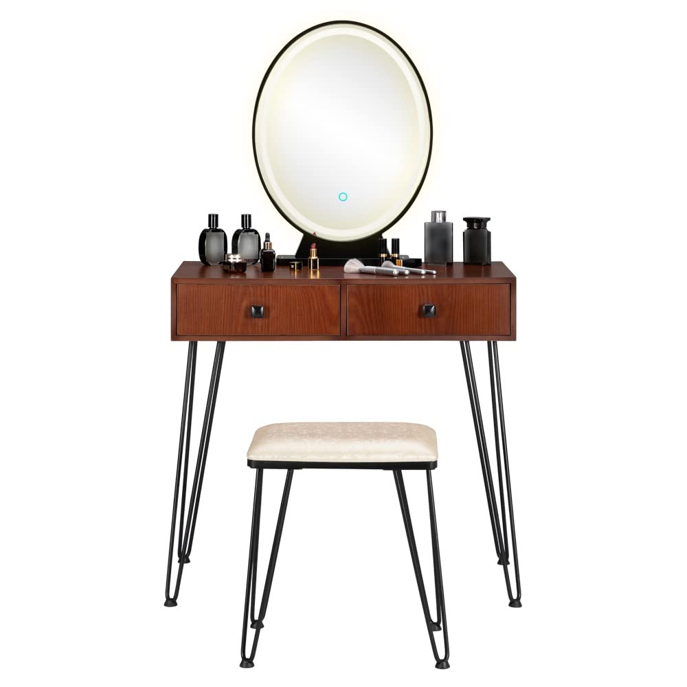 Atrube Black Iron Dressing Table with Adjustable Three-Color Light - Simple Modern Bedroom Vanity Desk with Brown Wooden Top for Makeup & Jewelry Organization | Perfect for Small Spaces, Master Bedrooms & Apartment Decor